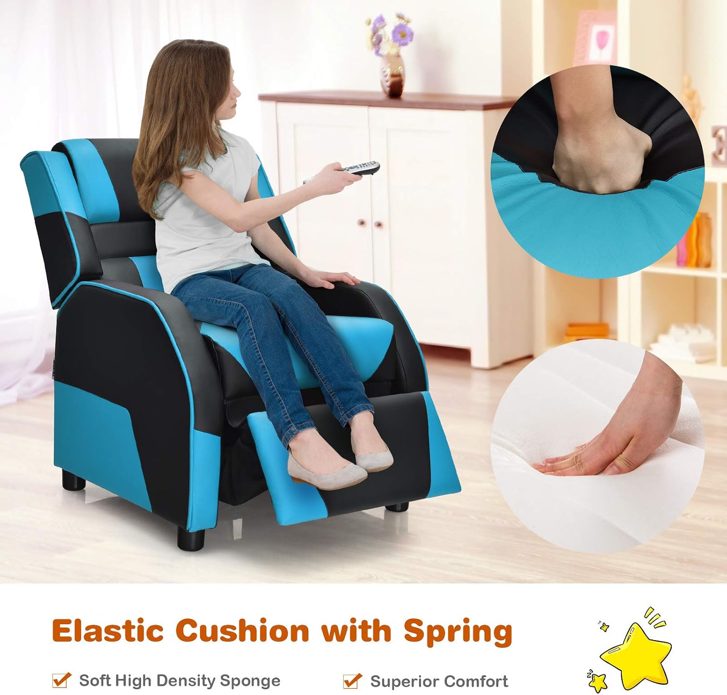 Giantex Kids Recliner, Gaming Recliner Chair with Footrest, Headrest & Lumbar Support, Ergonomic Leather Lounge Chair Toddler Furniture, Adjustable Racing Style Recliner Sofa for Boys Girls, Blue
