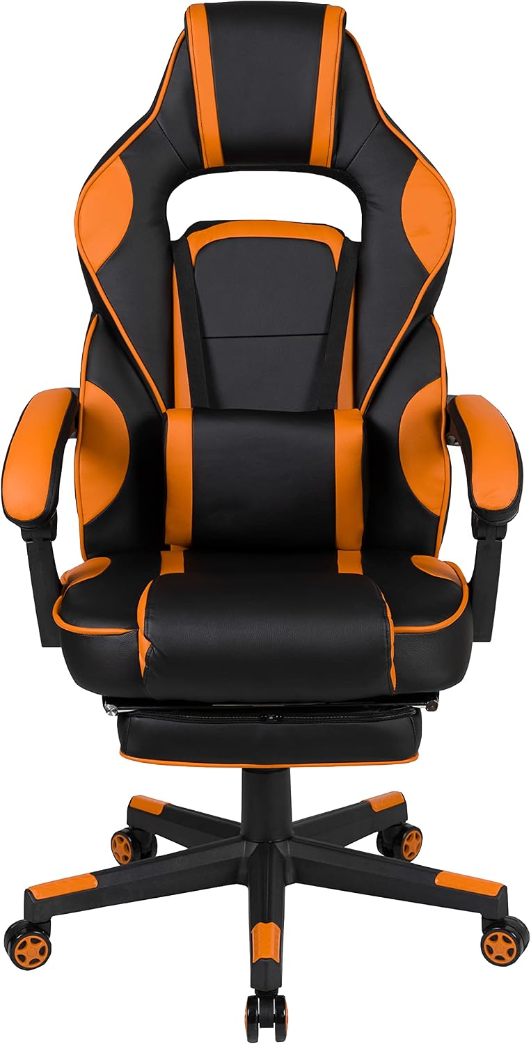 EMMA + OLIVER Black/Orange Ergonomic Gaming Chair -Recline Back/Arms, Footrest, Massaging Lumbar