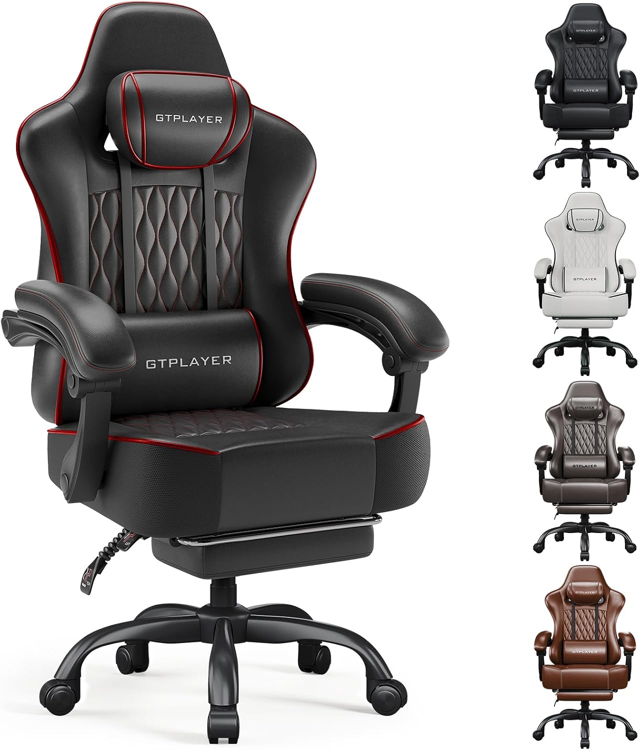 GTPLAYER Big and Tall Gaming Chair with Footrest, Ergonomic Office Desk Chair with 4.4in Thick Cushion and Wide Wingless Seat, Comfortable Leather Computer Chair, Predator Series, Black Red
