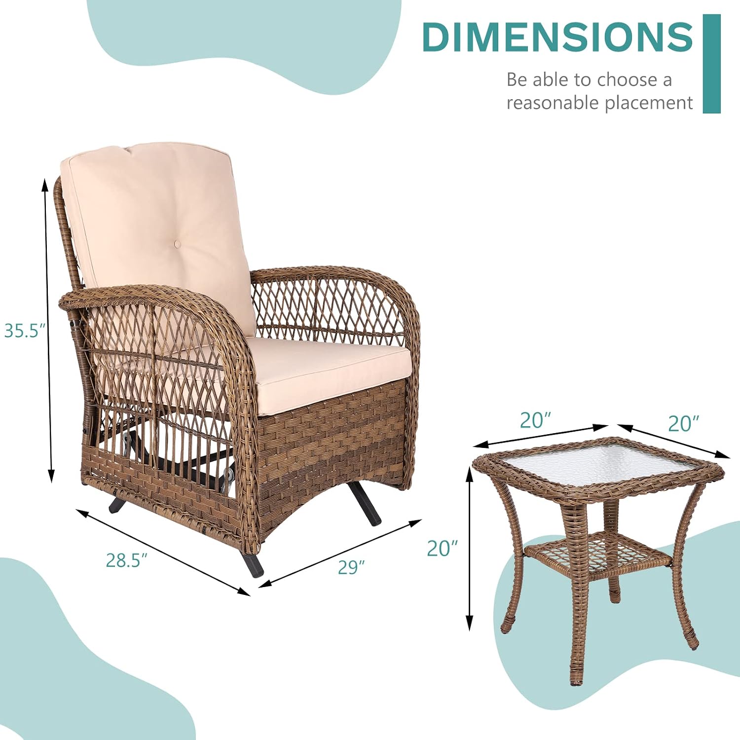MEETWARM 3 Pieces Outdoor Patio Wicker Rocking Glider Set, Rocking Chairs Rattan Patio Furniture Sets with Thickened Cushion and Glass-Top Coffee Table, Conversation Bistro Set for Porch & Backyard
