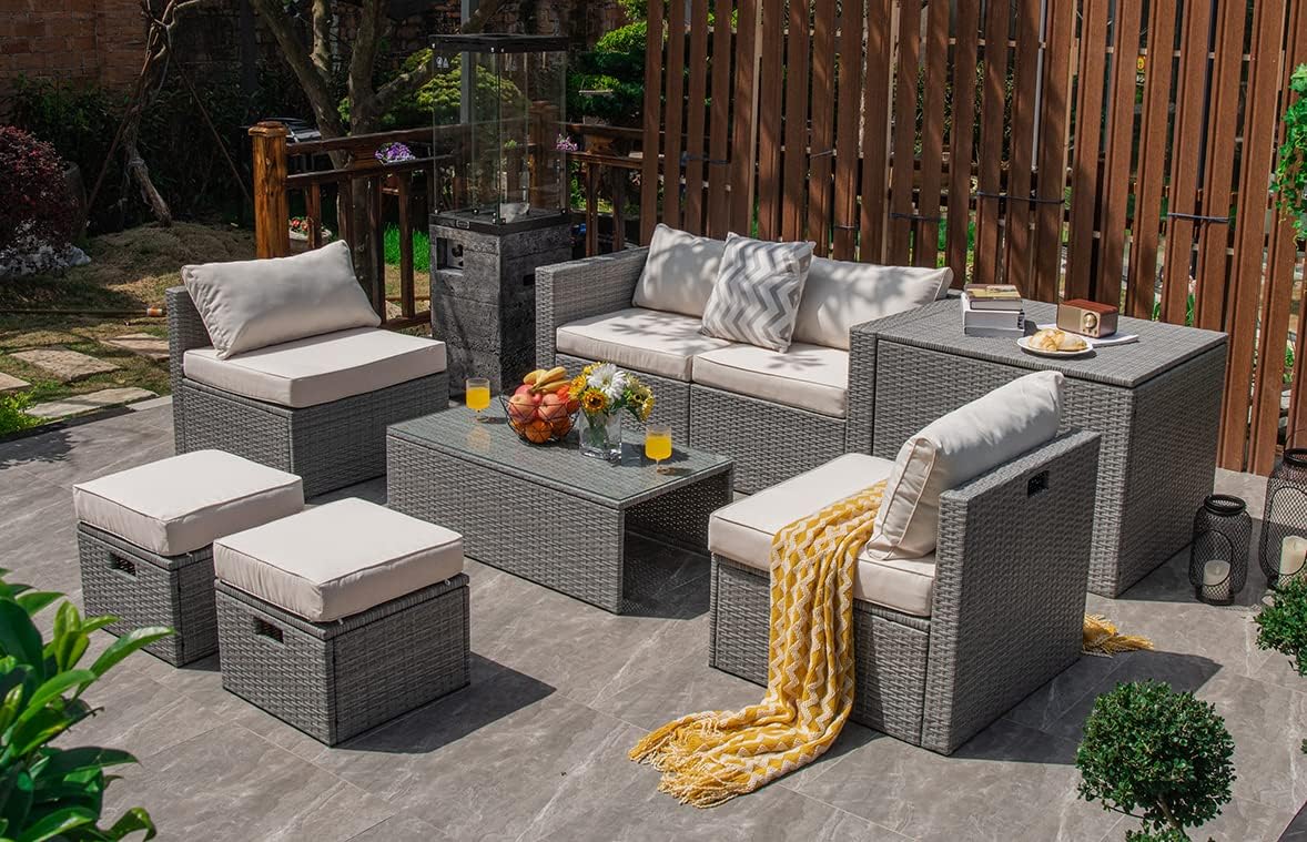 Tangkula 8 Piece Patio Wicker Furniture Set, Patiojoy Space Saving Outdoor PE Rattan Conversation Set with Storage Box & Waterproof Cover, Coffee Table, 2 Ottomans, 2 Armless Sofas & 2 Corner Sofas