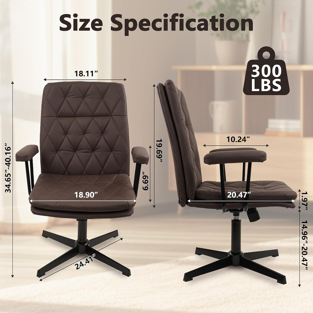 CLATINA Office Chair No Wheels, Leather Criss Cross Desk Chairs with Arms, Modern Cross Legged Computer Chair, Mid Back Height Adjustable Swivel Task Vanity Chair for Home Office, Chocolate Brown