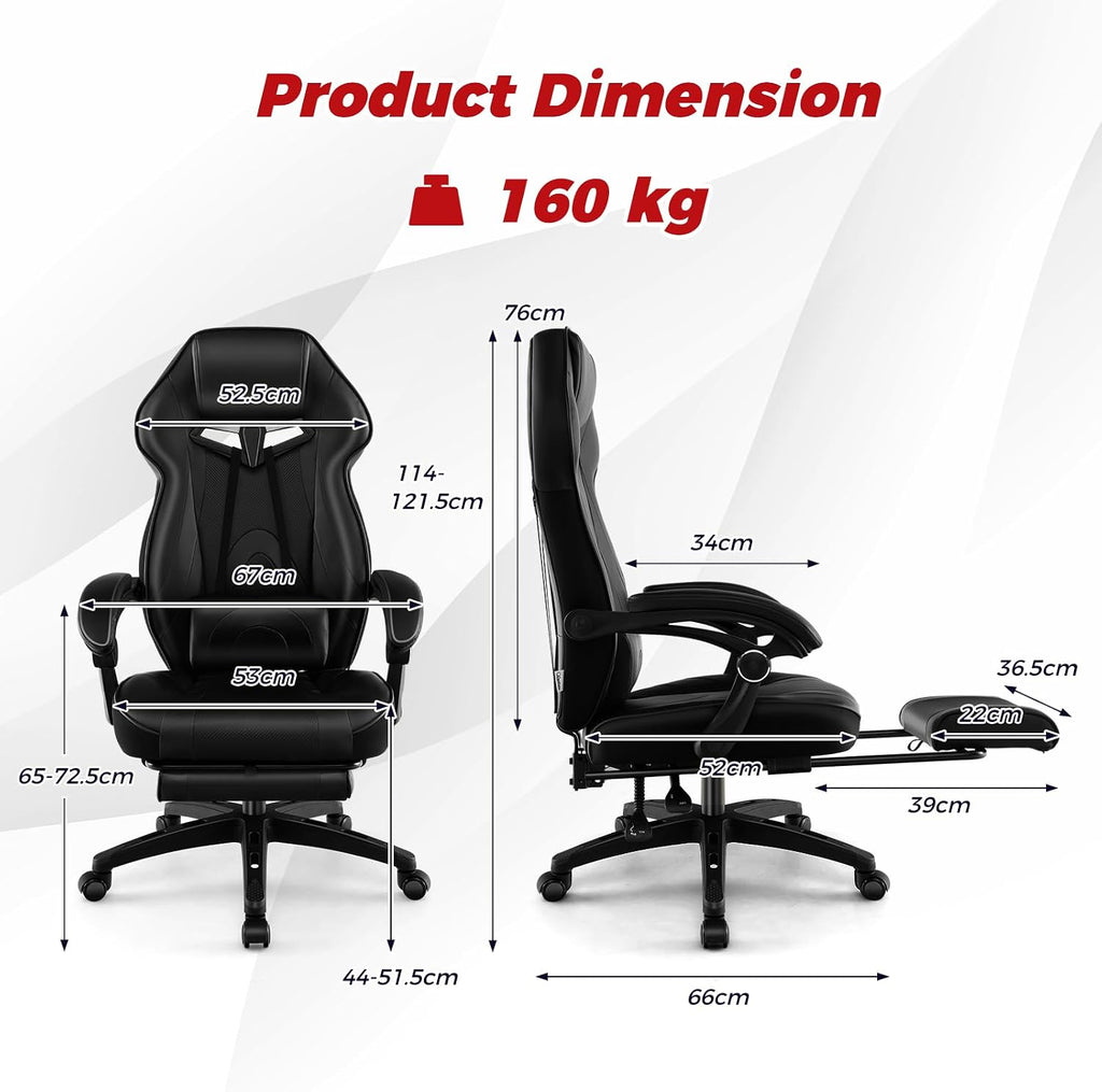 COSTWAY Gaming Chair, Ergonomic Adjustable Racing Video Game Chair w/Retractable Footrest, Padded Headrest & Lumbar Support, High Back Reclining Home Office Computer Gamer Chair for Adults (Black)