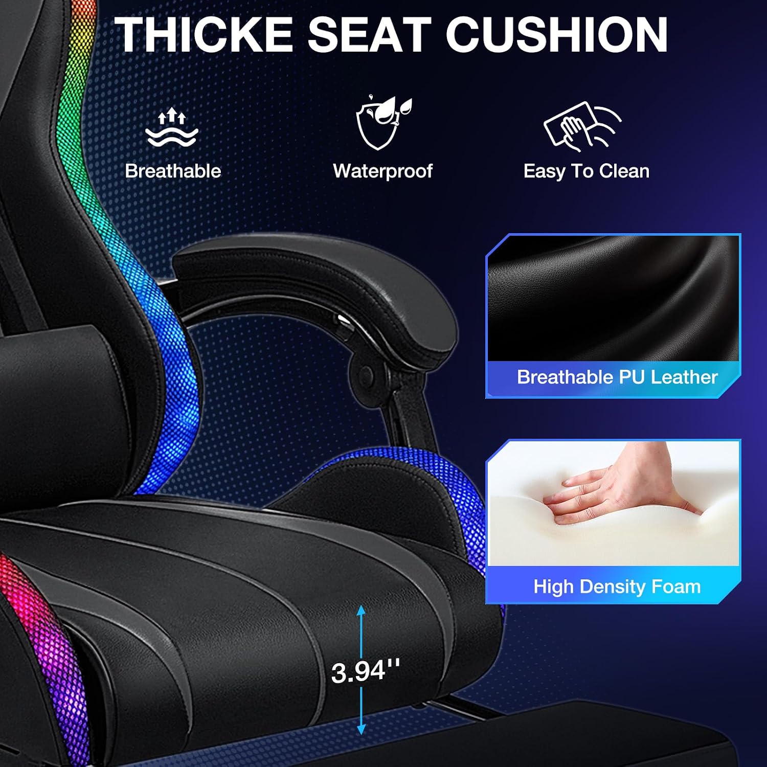 RGB Gaming Chair Massage with LED Lights and Ergonomic Computer Gaming Chair with Footrest High Back Video Game Chairs with Adjustable Lumbar Support Grey and Black