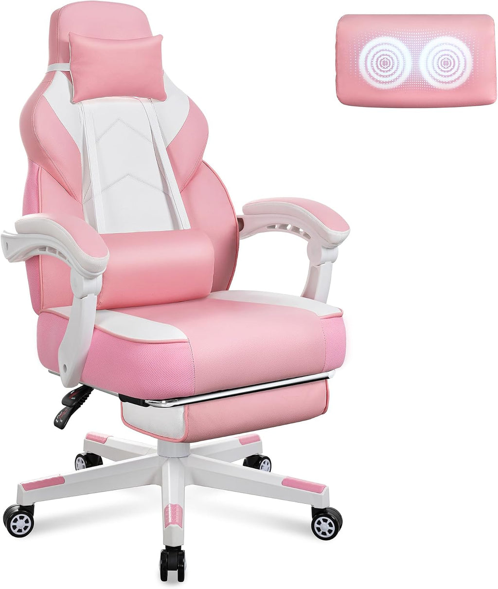 Big and Tall Gaming Chair for Adults, 330lbs Heavy Duty Computer Chair with Footrest & Massage Lumbar Support, Wide Seat High Back Reclining Desk Chair, Pink