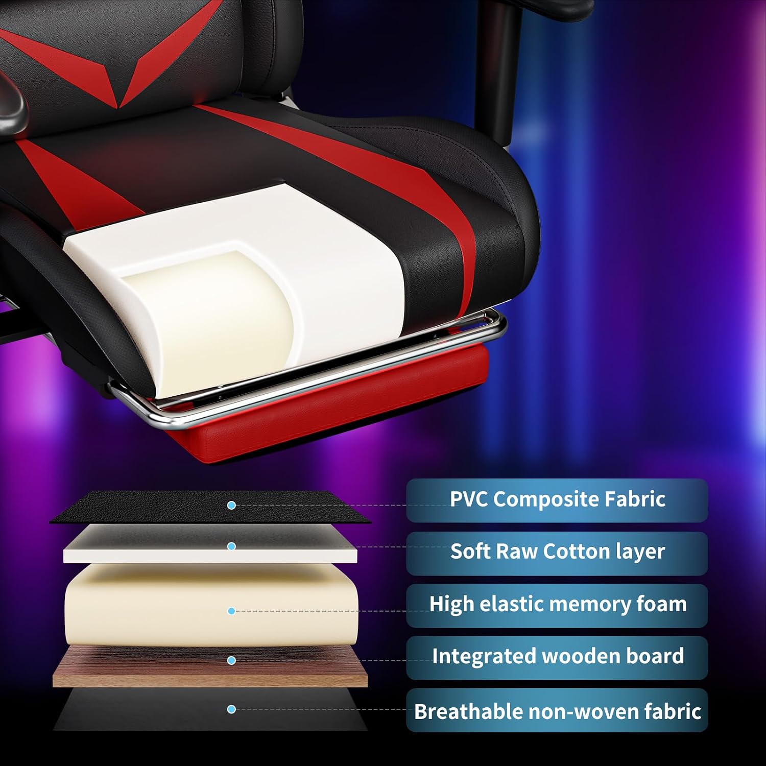 HOFFREE Gaming Chair with Bluetooth Speakers and Led Lights Massage Video Game Chair with Footrest Reclining High Back Computer Gamer Chair Red and Black