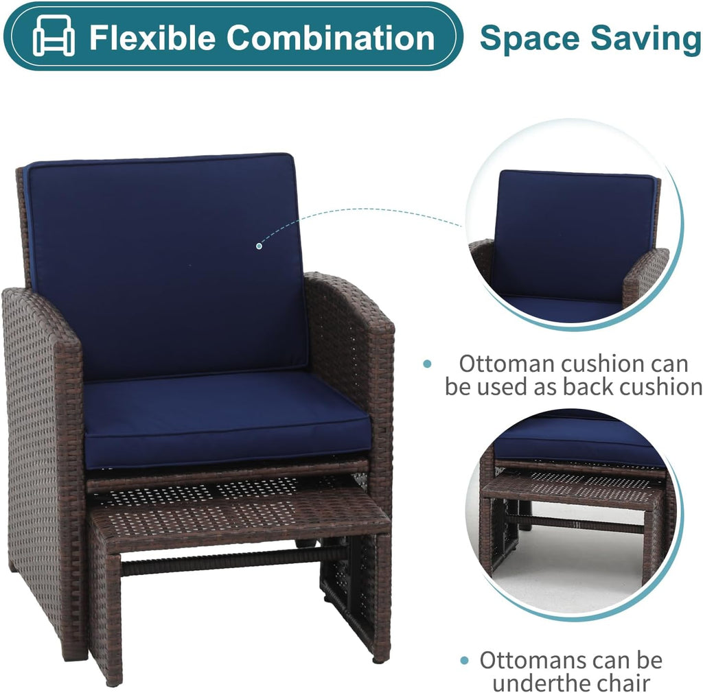 OC Orange-Casual 5 Pcs Patio Conversation Set Balcony Furniture Set with Cushions, Brown Wicker Chair with Ottoman, Storage Table for Backyard, Garden, Porch, Blue