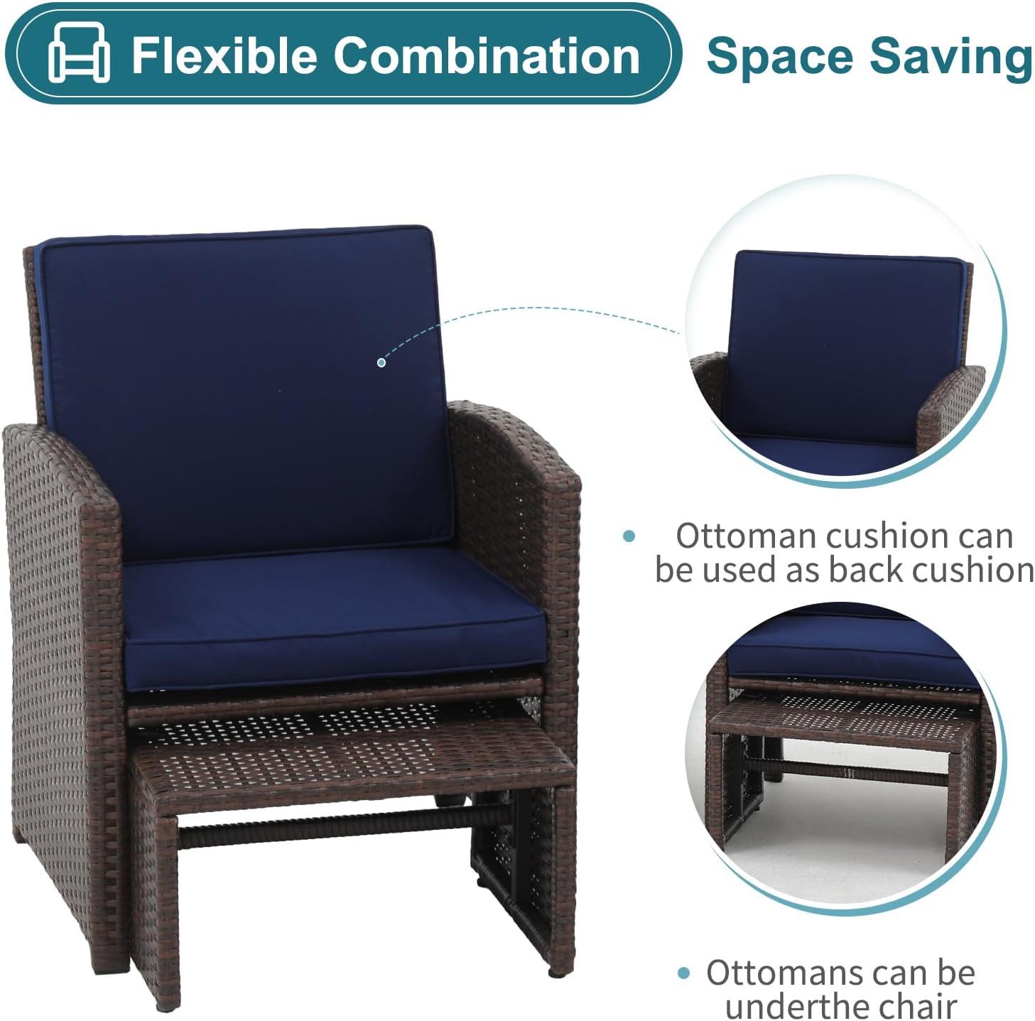 OC Orange-Casual 5 Pcs Patio Conversation Set Balcony Furniture Set with Cushions, Brown Wicker Chair with Ottoman, Storage Table for Backyard, Garden, Porch, Blue