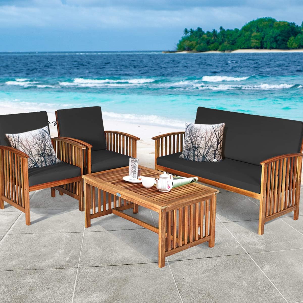 Tangkula Outdoor 4 PCS Acacia Wood Sofa Set w/Water Resistant Cushions, Padded Patio Seating Chat Set w/Coffee Table for Garden, Backyard, Poolside (1, Black)