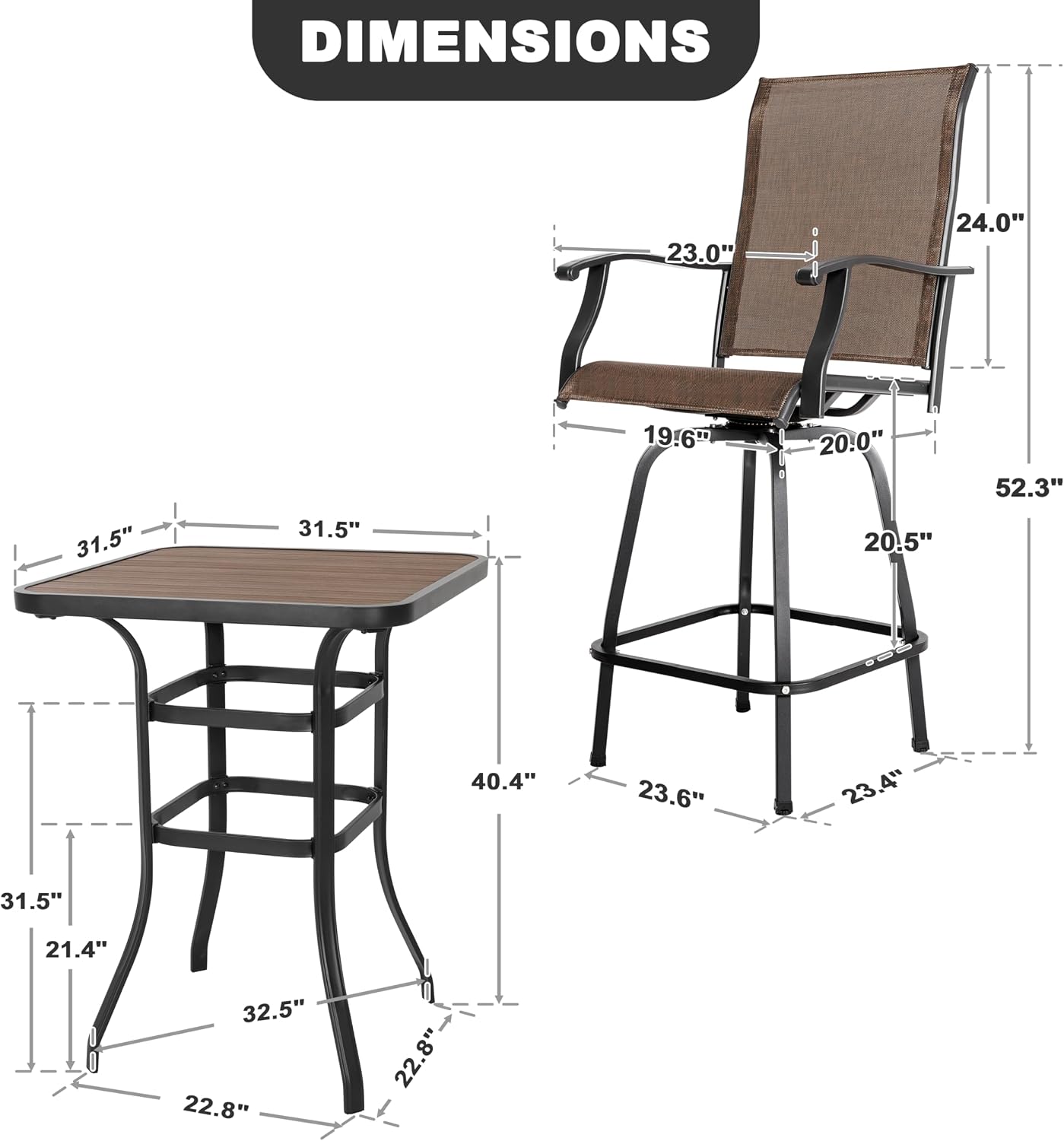 NUU GARDEN 5-Piece Outdoor Bar Set - 4 Swivel High Back Textilene Bar Stools & Metal Table with Faux Wood Top, Weather-Resistant Patio Furniture for Backyard, Porch, Garden, Black & Brown