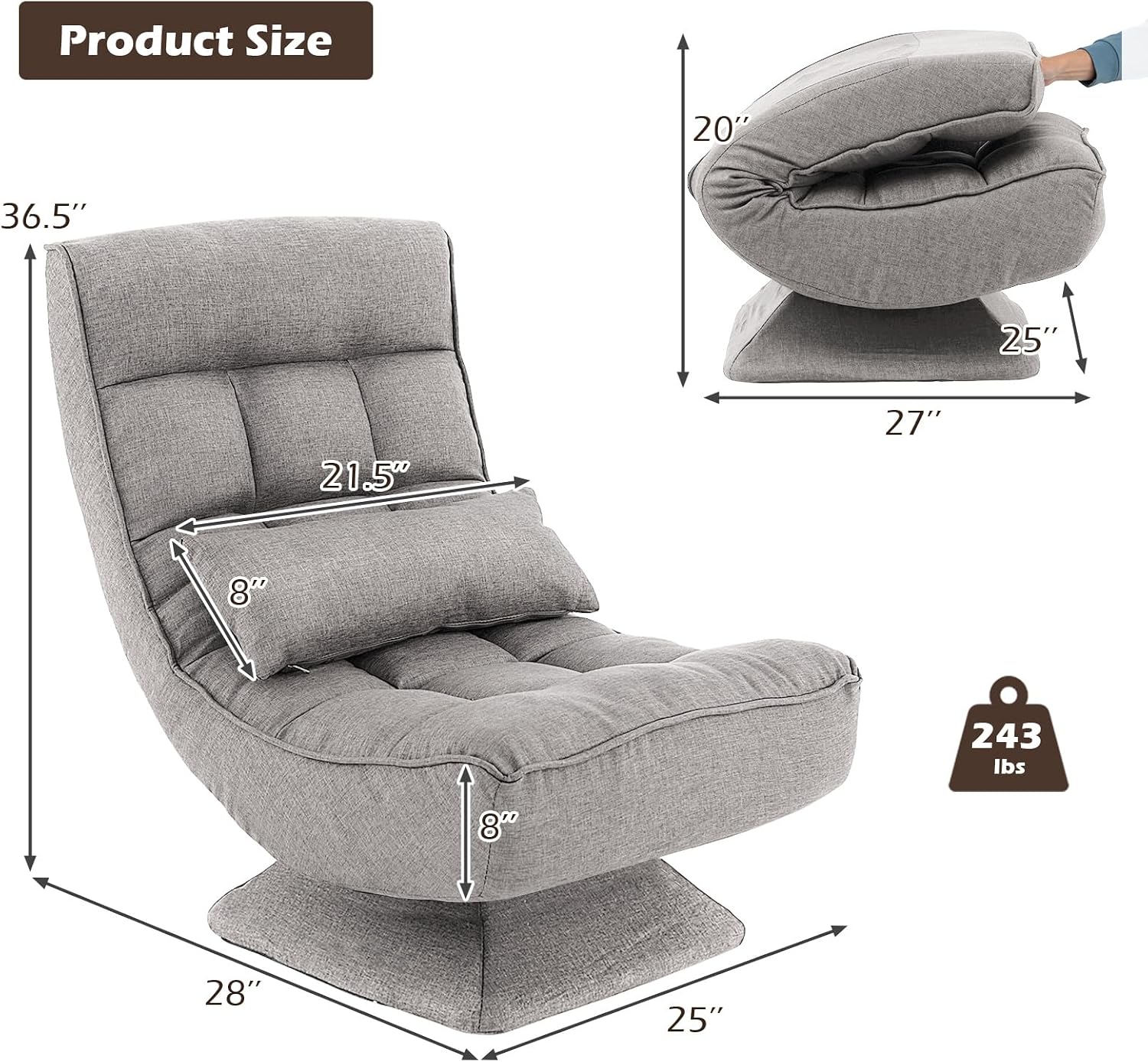 Giantex Adjustable Swivel Floor Chair - 5 Position Video Game Chair with Swivel Base, Steel Frame, Massage Lumbar Pillow, Foldable Lazy Sofa Lounger for Adults Teens, Meditating, No Assembly (Gray)