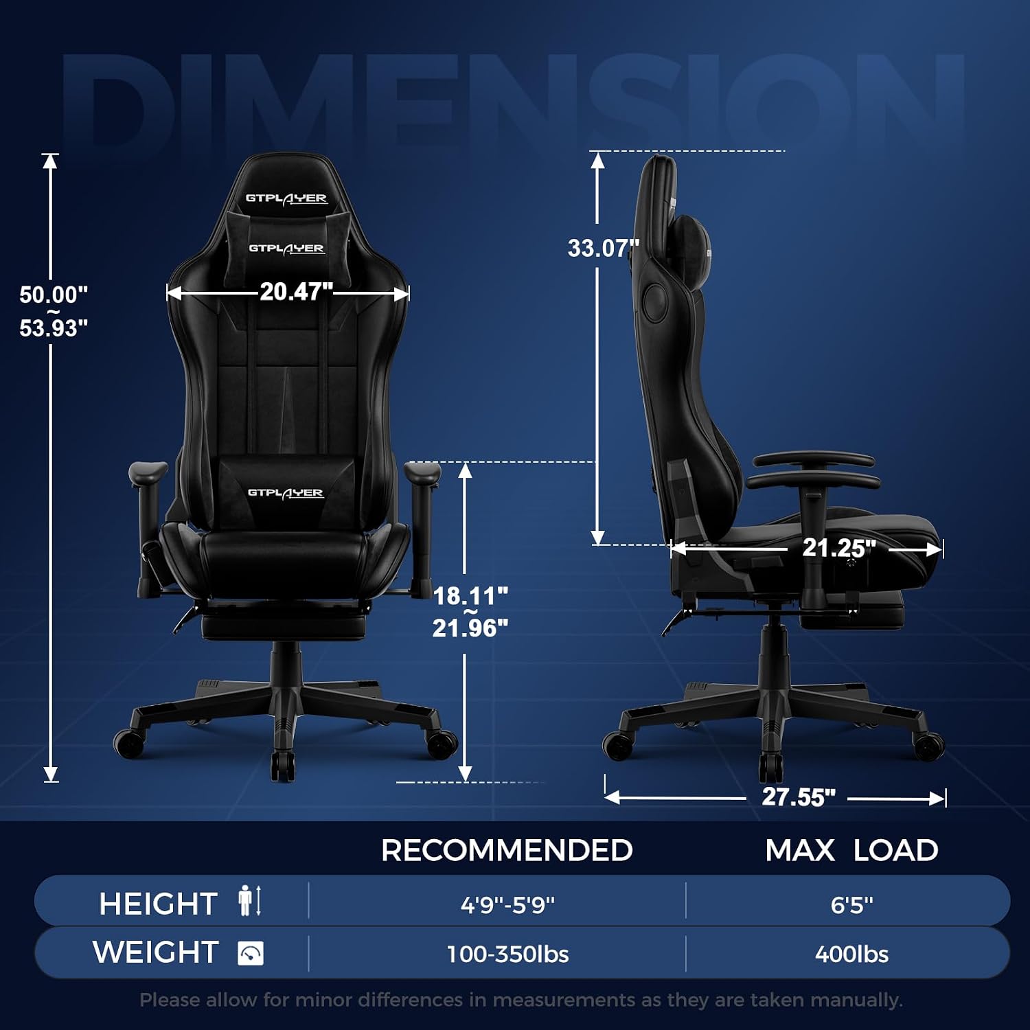 GTPLAYER Gaming Chair with Speakers, Video Game Chairs with Footrest for Adults, Ergonomic Computer PC Gamer Reclining Chair(Dark-Black)
