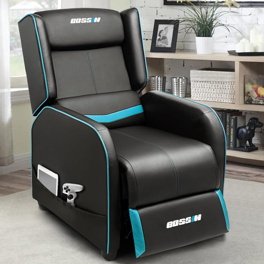 BOSSIN Gaming Recliner Chair for Adults 400lbs Racing Style Sofa Big and Tall PU Leather Recliner Seating, Modern Ergonomic Lounge Comfortable Home Movie Theater for Living Room(Cyan)