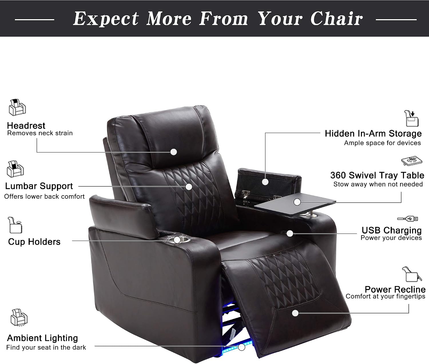 Merax Electric Recliner Chair with USB Charge Port, 360 Swivel Tray Table, Hand in-Arm Storage, and Cup Holders, Ambient Lighting - Ambient Lighting Gaming Recliner Chair Home Theater Seating