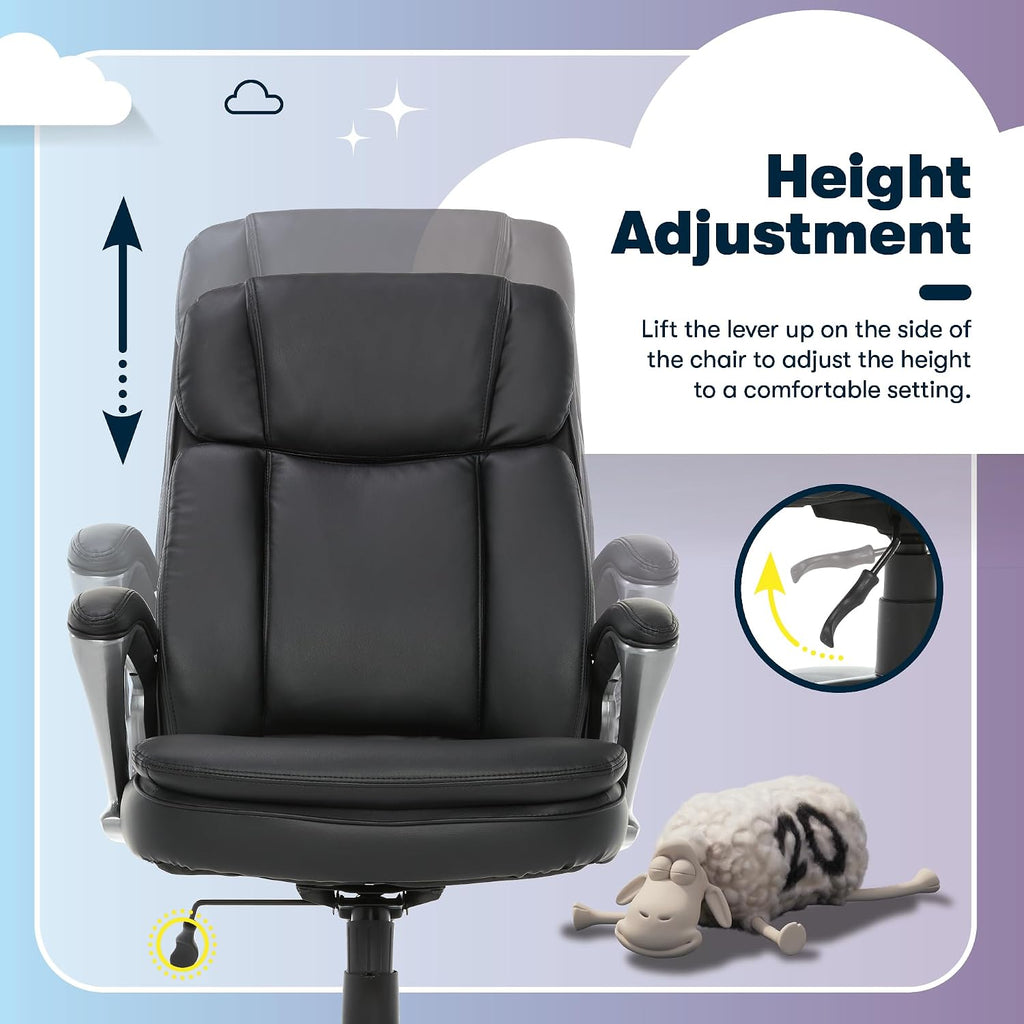 Serta Fairbanks Big and Tall Executive Office Chair - Ergonomic High Back Computer Desk Chair with Lumbar Support, Memory Foam Seat Cushion, Padded Armrests, Bonded Leather, 350 lb Capacity - Black