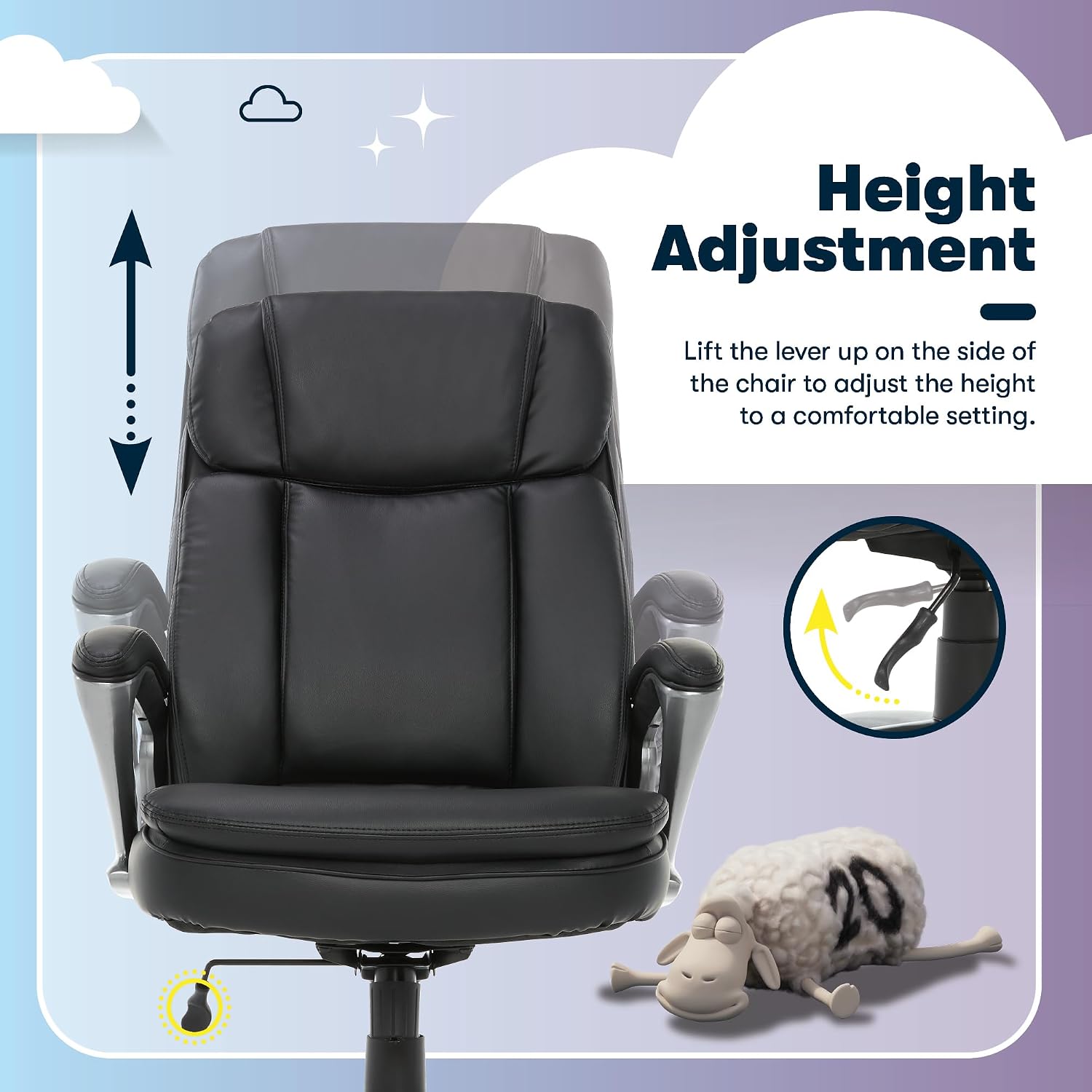 Serta Fairbanks Big and Tall Executive Office Chair - Ergonomic High Back Computer Desk Chair with Lumbar Support, Memory Foam Seat Cushion, Padded Armrests, Bonded Leather, 350 lb Capacity - Black