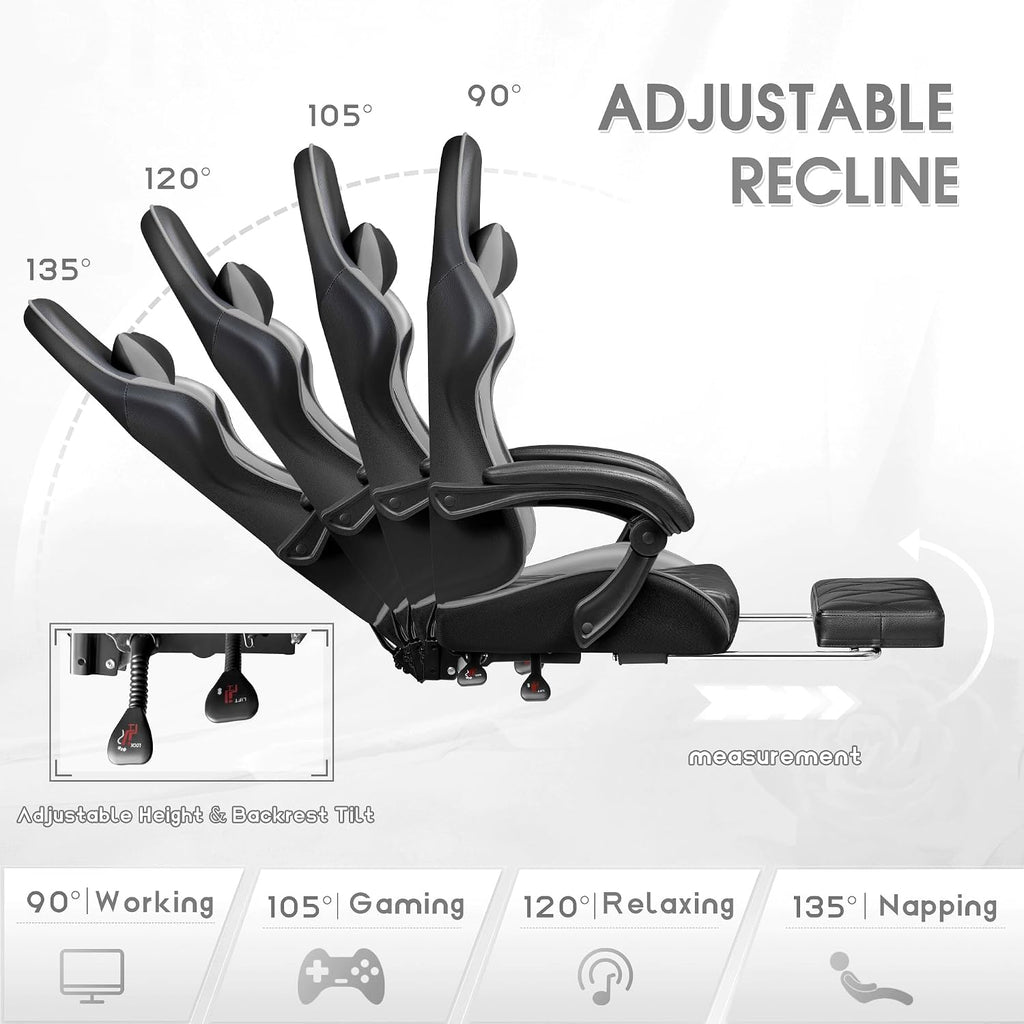 Shahoo Gaming Chair with Footrest and Massage Lumbar Support, Ergonomic Office Computer Seat Height Adjustable with Headrest, Grey
