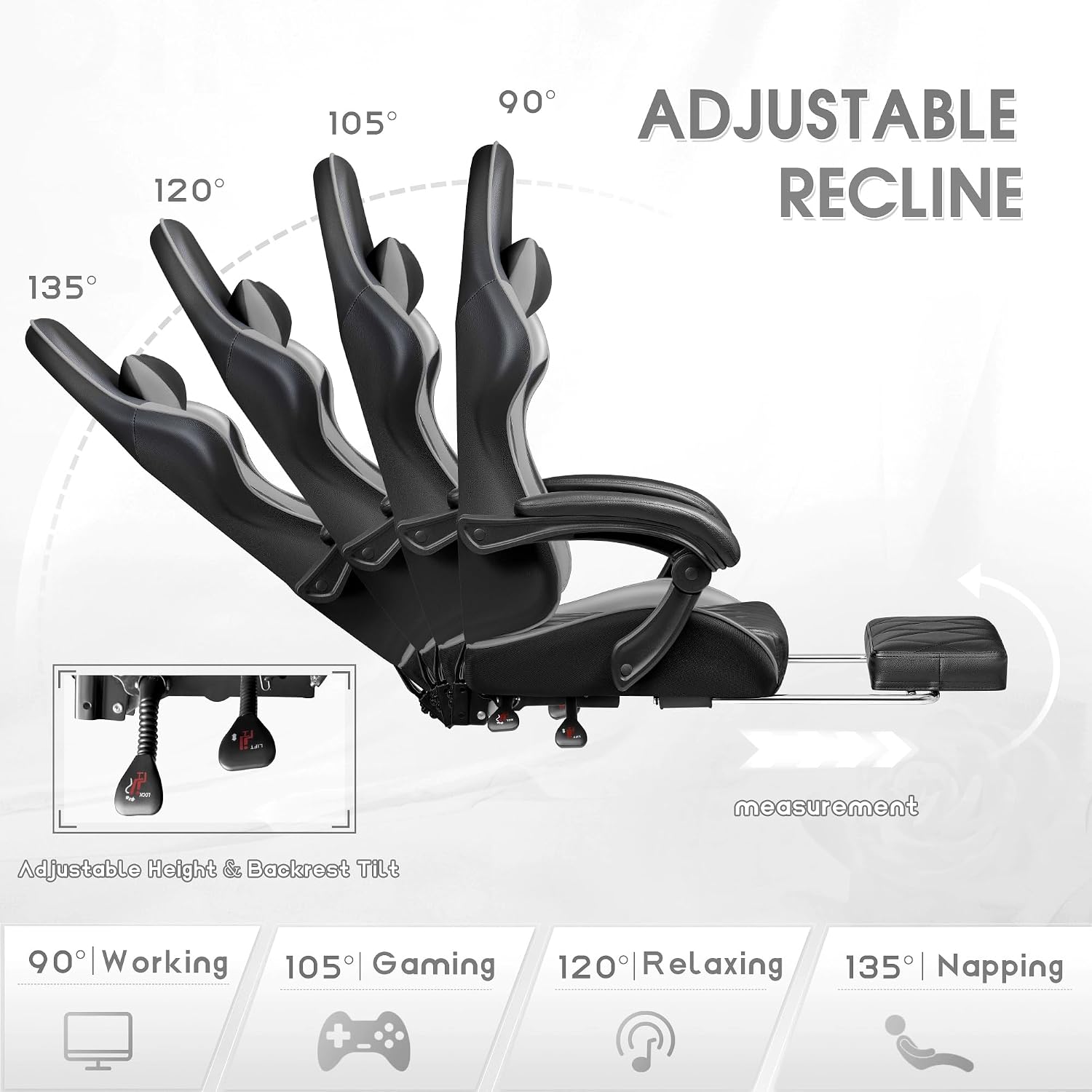 Shahoo Gaming Chair with Footrest and Massage Lumbar Support, Ergonomic Office Computer Seat Height Adjustable with Headrest, Grey