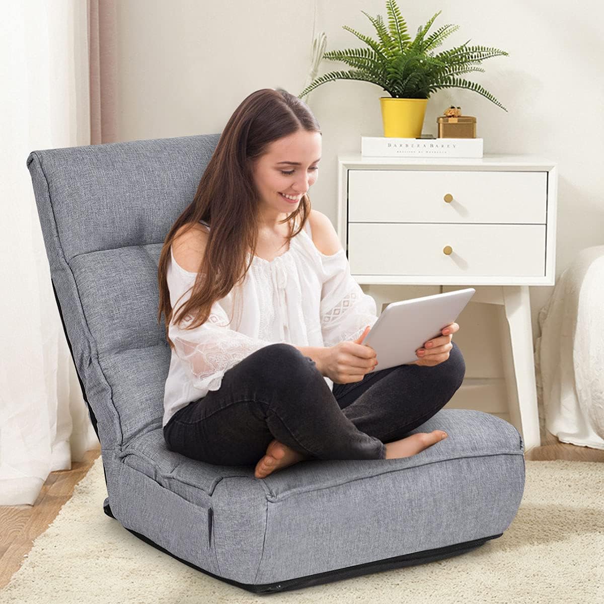 DORTALA Foldable Floor Chair for Adults, Memory Foam Floor Gaming Banana Chair w/ 5-Position Adjustable Head and Back Support for Bedroom, Living Room, Gaming Room, Grey