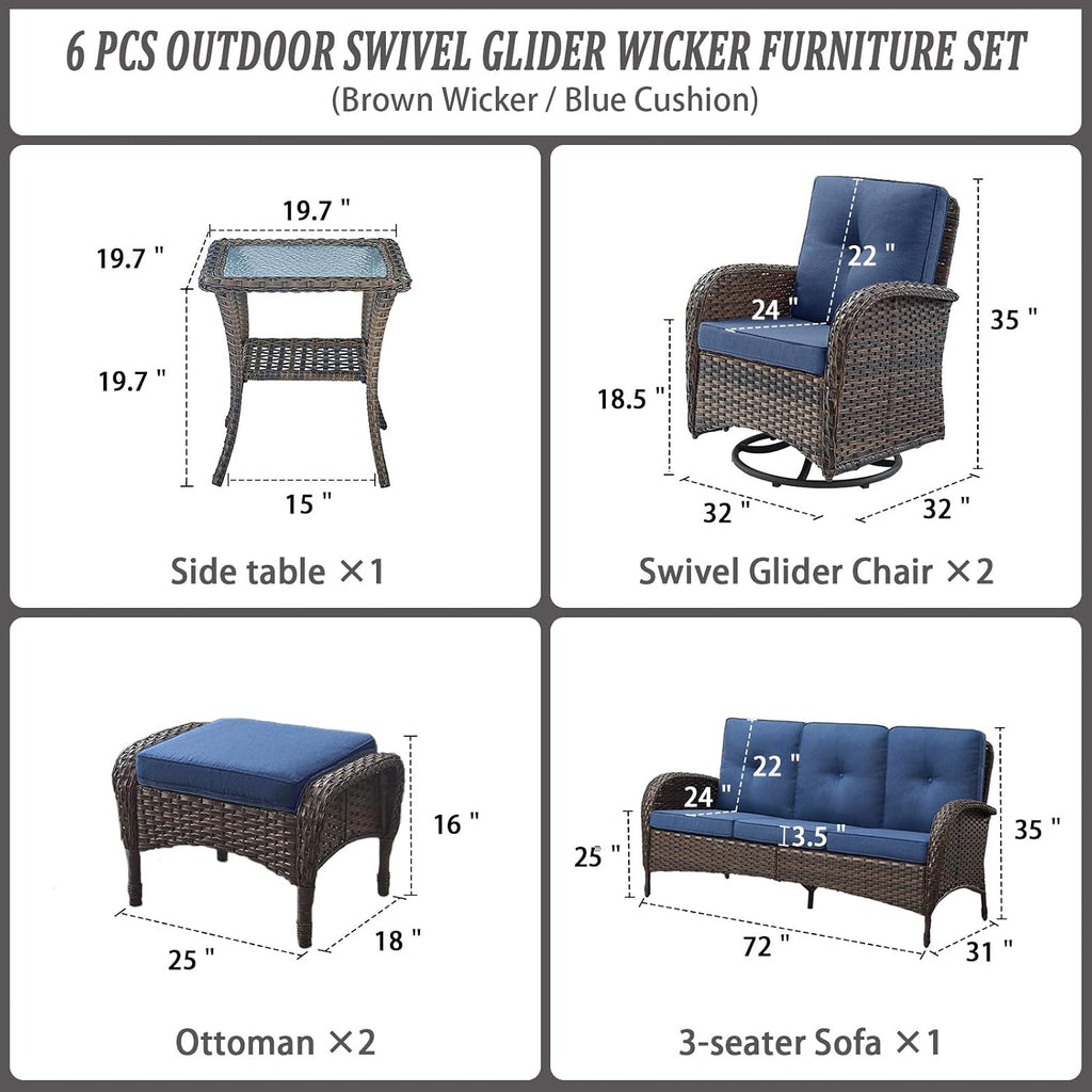Belord 6 Piece Patio Conversation Sets - Wicker Patio Furniture Sets with Outdoor Swivel Rocker Chairs Outdoor Couch Perfect for Patio Deck Backyard, Brown Wicker Blue Cushion
