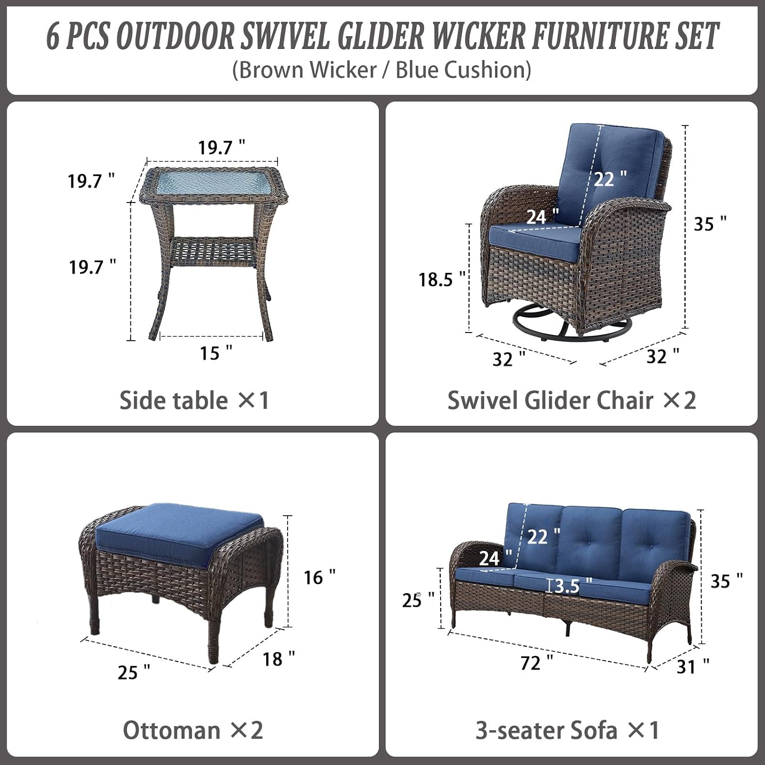 Belord 6 Piece Patio Conversation Sets - Wicker Patio Furniture Sets with Outdoor Swivel Rocker Chairs Outdoor Couch Perfect for Patio Deck Backyard, Brown Wicker Blue Cushion