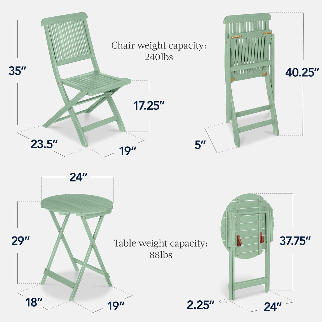 Best Choice Products 3-Piece Acacia Wood Bistro Set, Folding Patio Furniture for Backyard, Balcony, Deck w/ 2 Chairs, Round Coffee Table, Teak Finish - Mint