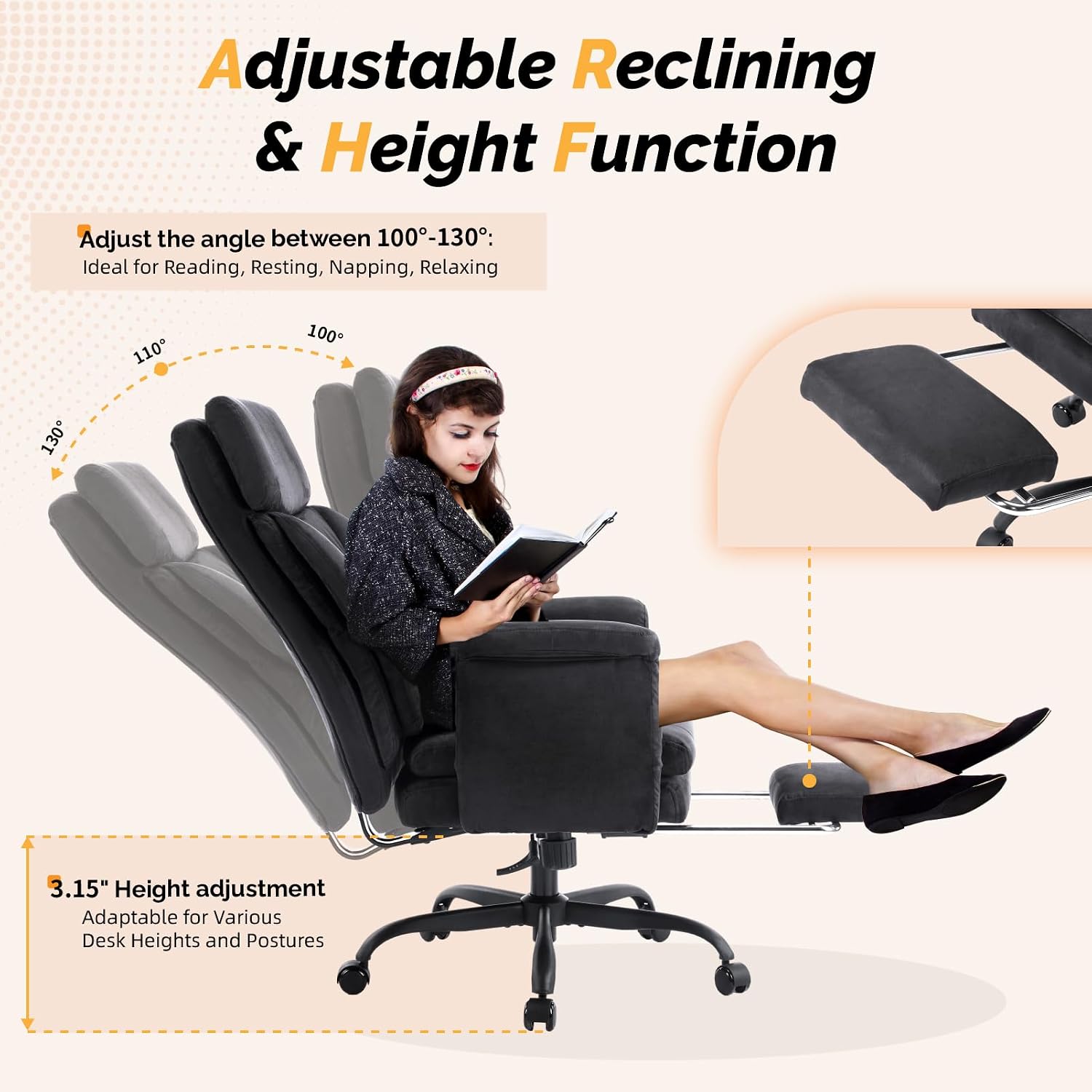 VINGLI 100-130° Reclining Tall Office Chair with Foot Rest & Adjustable Armrests, Ergonomic Criss Cross Chair with Wheels & Headrest, Comfy Wide-Seat Gamer Chair for the Heavy, Microfiber, Black