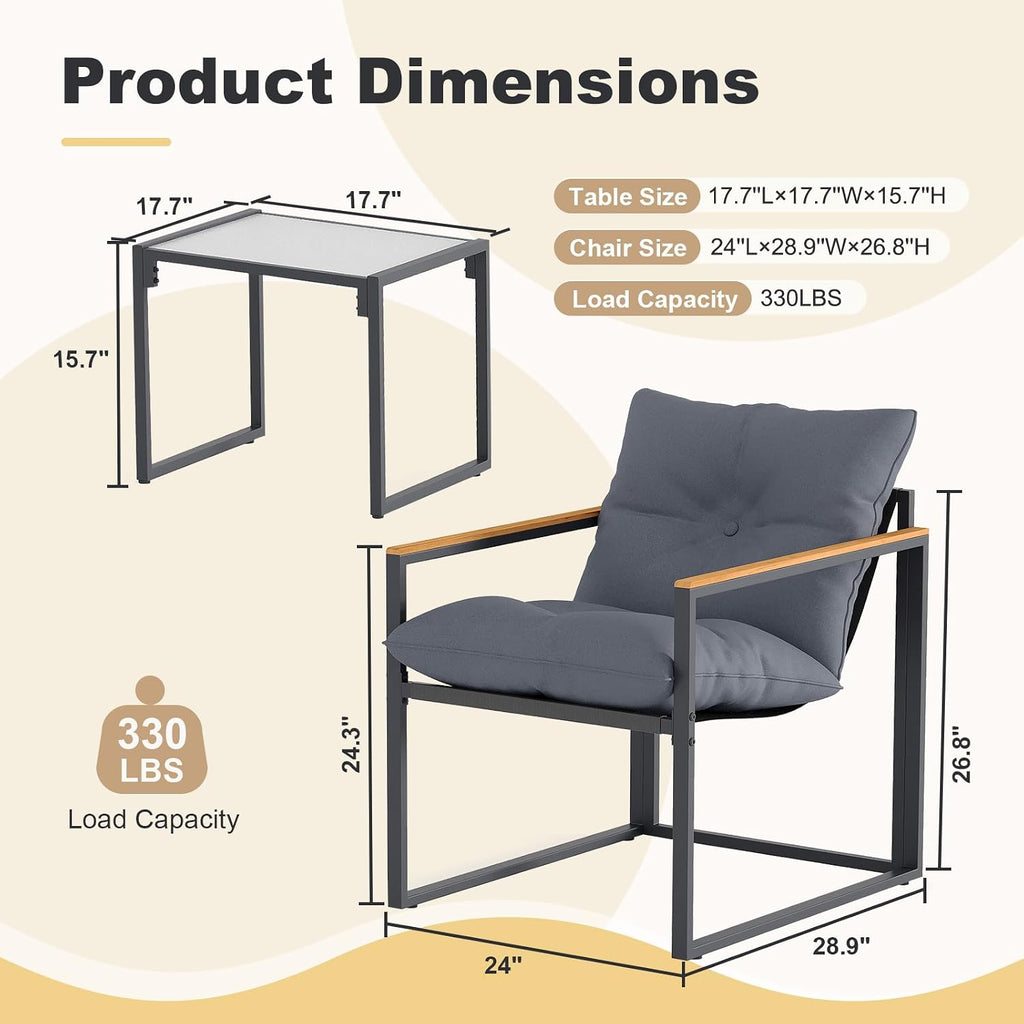 3 Piece Patio Bistro Set Outdoor & Indoor - Small Space Balcony Furniture with 2 Cushioned Deep Seating Chairs & Coffee Table, Rust-Proof Metal Frame, Breathable Textilene, Modern Porch Deck Set