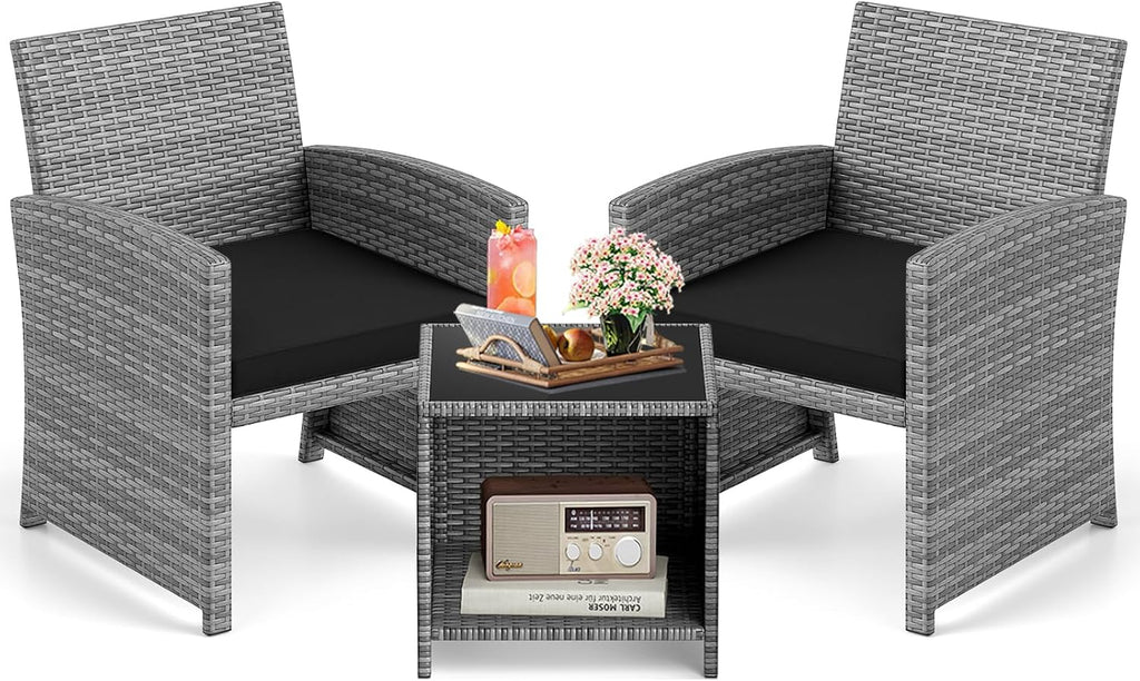 KOTEK 3 Piece Patio Furniture Set, Outdoor Wicker Patio Chairs with Cushions & Storage Table, PE Rattan Bistro Set for Porch, Backyard, Balcony (Black)