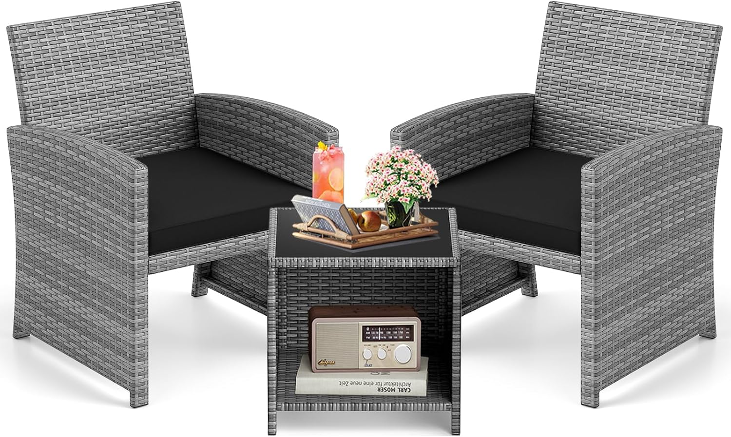 KOTEK 3 Piece Patio Furniture Set, Outdoor Wicker Patio Chairs with Cushions & Storage Table, PE Rattan Bistro Set for Porch, Backyard, Balcony (Black)