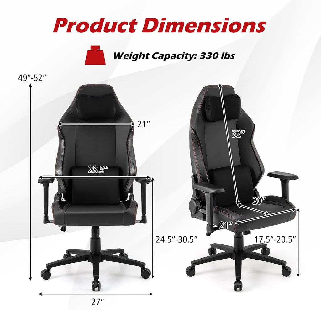Giantex Gaming Chair, Video Game Chair with Magnetic Headrest & Lumbar Support, Ergonomic Computer Chair w/Rocking Function & 2D Armrests, Height Adjustable Swivel Task Chair, Black