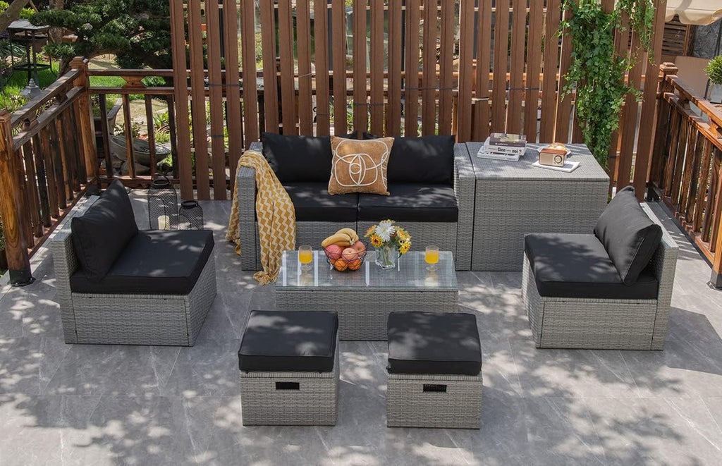 Tangkula 8 Piece Patio Wicker Furniture Set, Patiojoy Space Saving Outdoor PE Rattan Conversation Set with Storage Box & Waterproof Cover, Coffee Table, 2 Ottomans, 2 Armless Sofas & 2 Corner Sofas