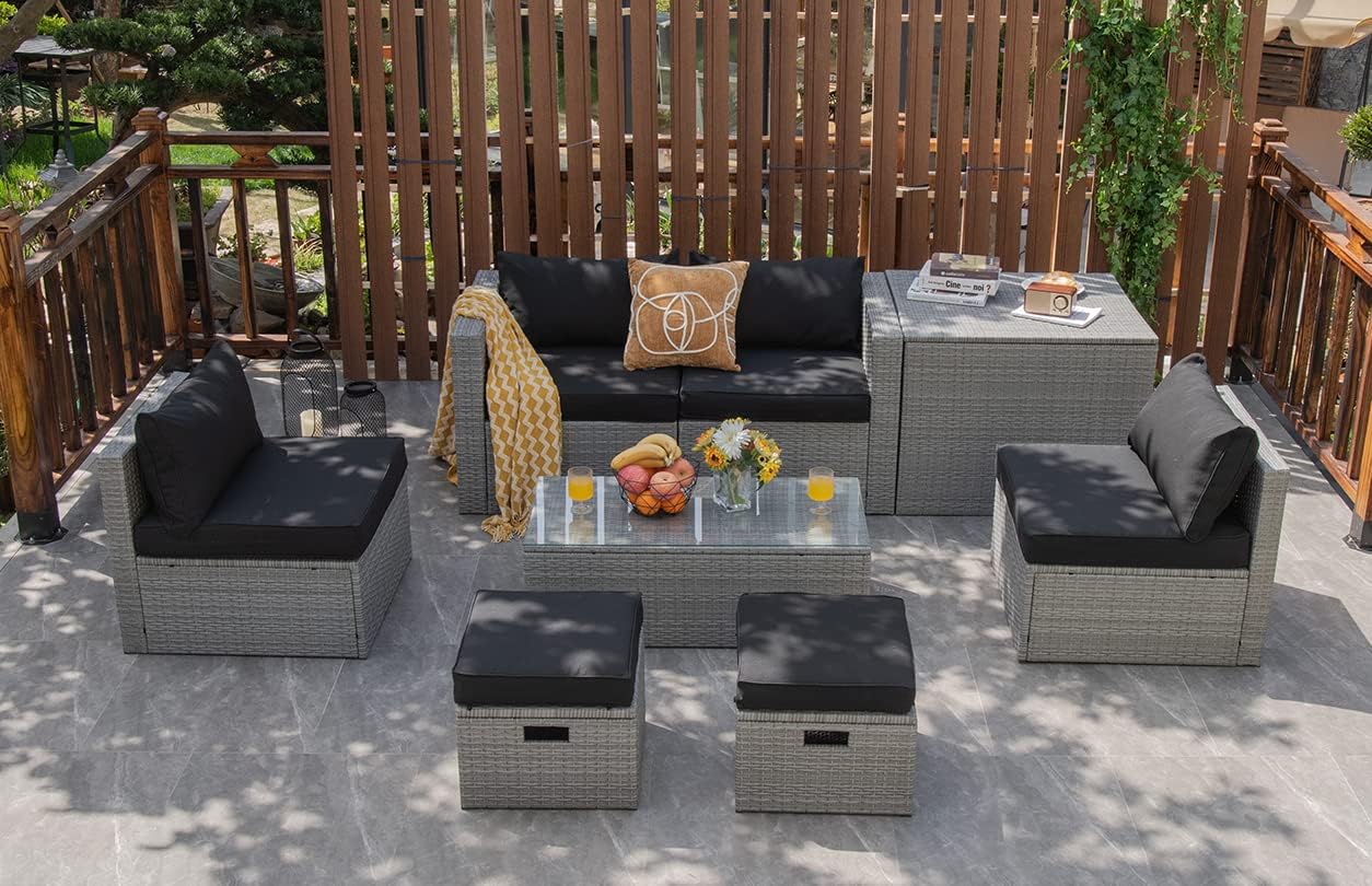 Tangkula 8 Piece Patio Wicker Furniture Set, Patiojoy Space Saving Outdoor PE Rattan Conversation Set with Storage Box & Waterproof Cover, Coffee Table, 2 Ottomans, 2 Armless Sofas & 2 Corner Sofas
