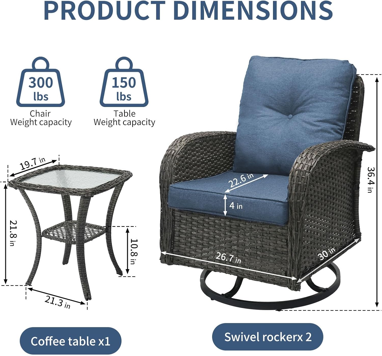 SHGJ&SOFT 3 Piece Patio Furniture Set, 2 Outdoor Swivel Rocking Chairs with Side Table, Wicker Glider Chairs, All-Weather Rattan Bistro Set for Porch, Deck, Pool (Blue, Grey Full-Weave Rattan)