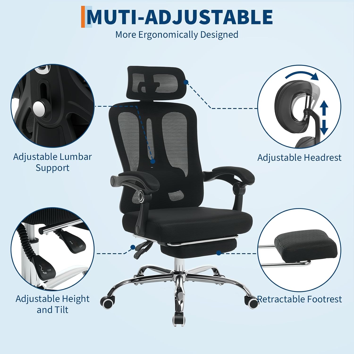 GarveeHome High Back Ergonomic Office Chair with Mesh Back, Retractable Footrest, Adjustable Headrest & Lumbar Support – Wide Computer Desk Chair with Wheels for Home Office or Bedroom, Black