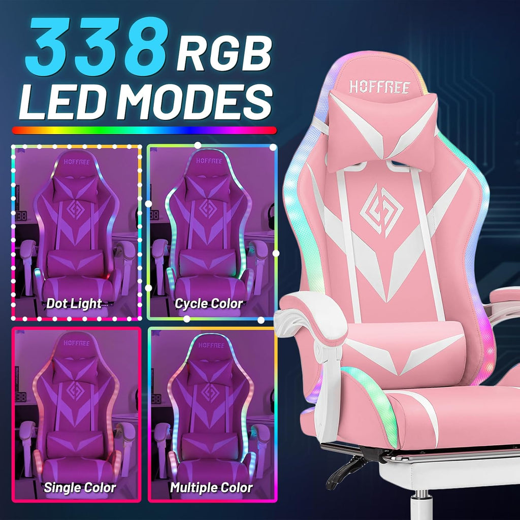 Gaming Chair Pink Massage with Bluetooth Speakers and RGB LED Lights Cute Ergonomic Computer Massage Gaming Chair with Footrest Music Video Game Chair High Back with Lumbar Support Pink and White