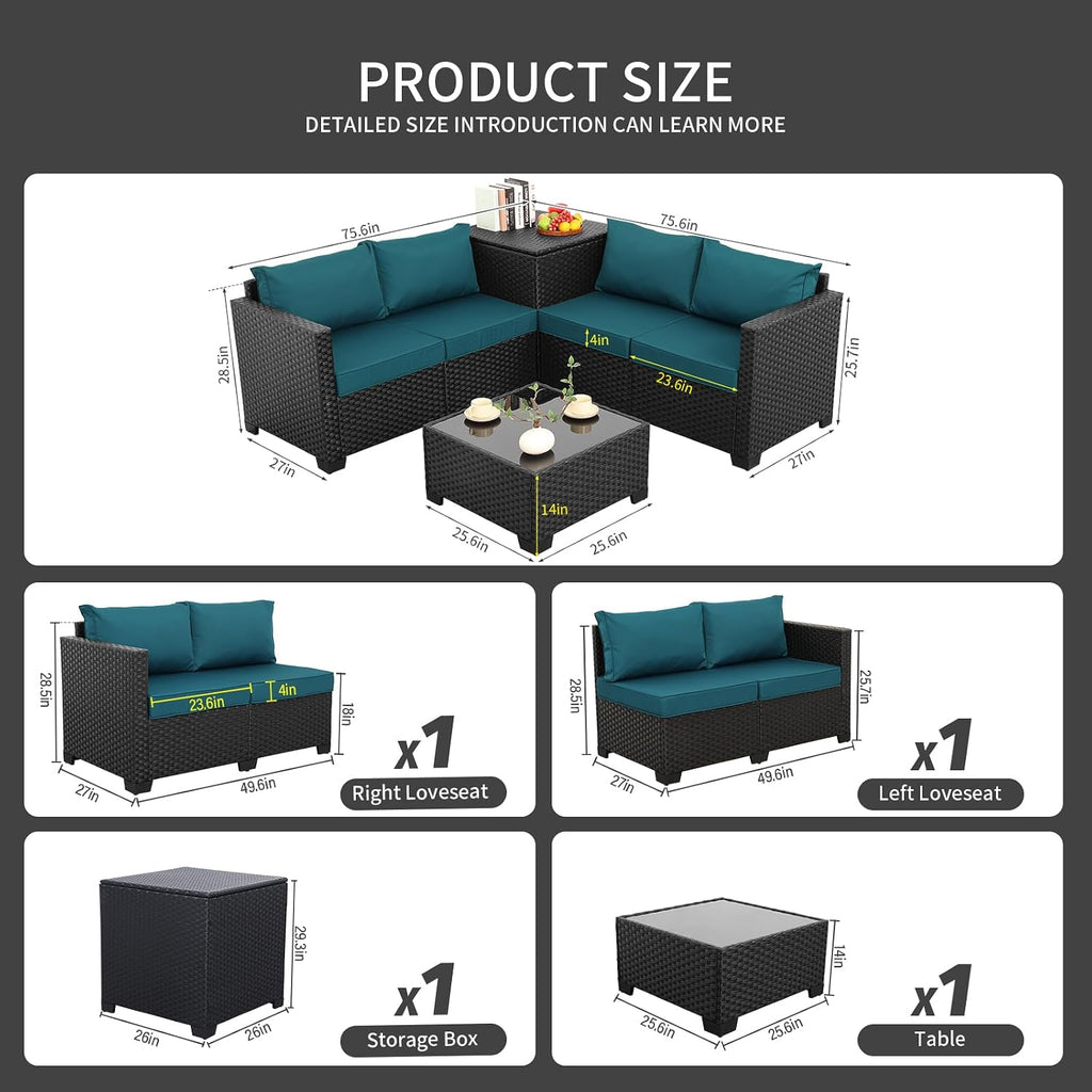 WAROOM Patio Furniture Set 4 Piece Conversation Sets Black Rattan Outdoor Couch Loveseat Wicker Sectional Sofa with Storage Box Glass Top Table, Peacock Blue Cushion
