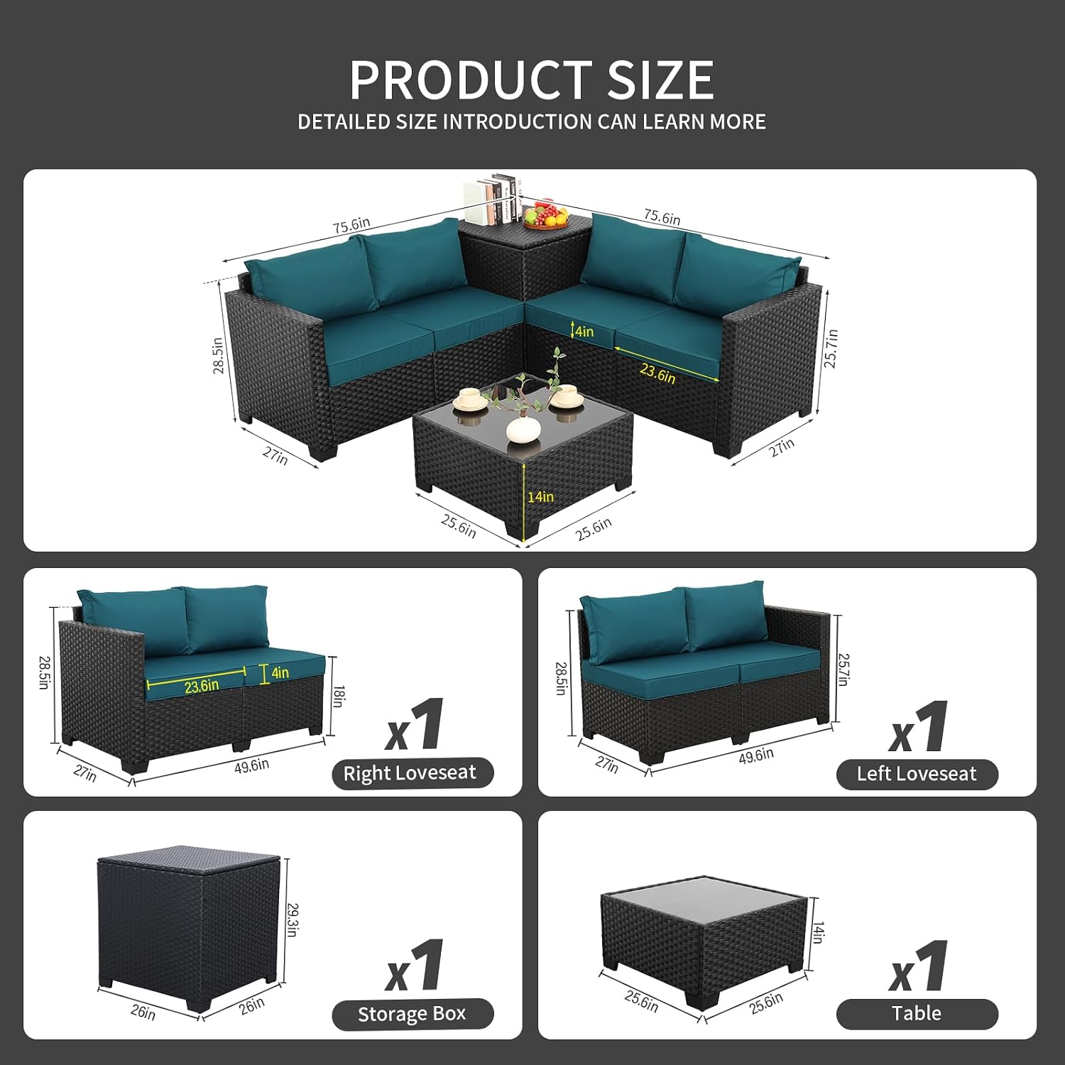 WAROOM Patio Furniture Set 4 Piece Conversation Sets Black Rattan Outdoor Couch Loveseat Wicker Sectional Sofa with Storage Box Glass Top Table, Peacock Blue Cushion