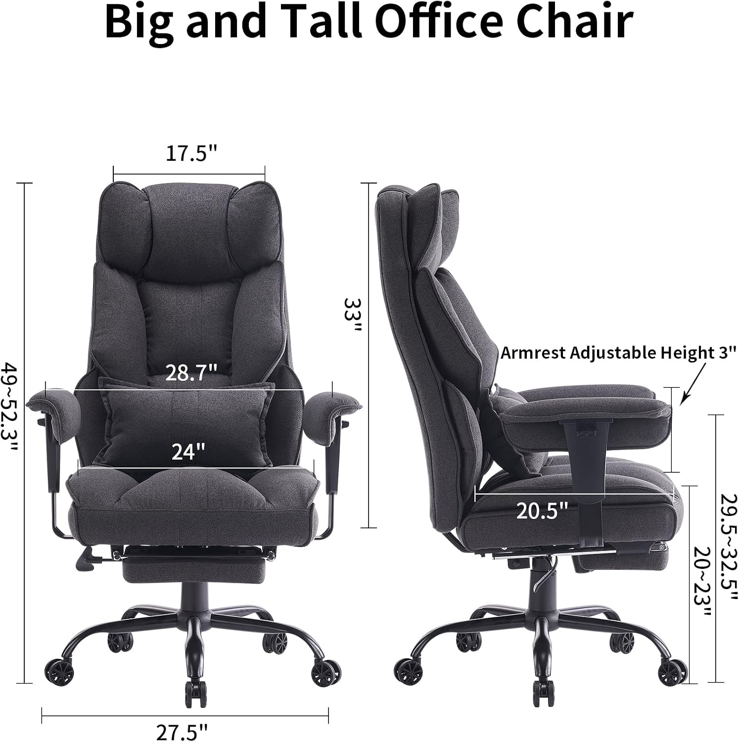 Efomao Fabric Office Chair, Big and Tall Office Chair 400 lb Weight Capacity, High Back Executive Office Chair with Foot Rest, Ergonomic Office Chair for Back Pain Relief, Dark Grey