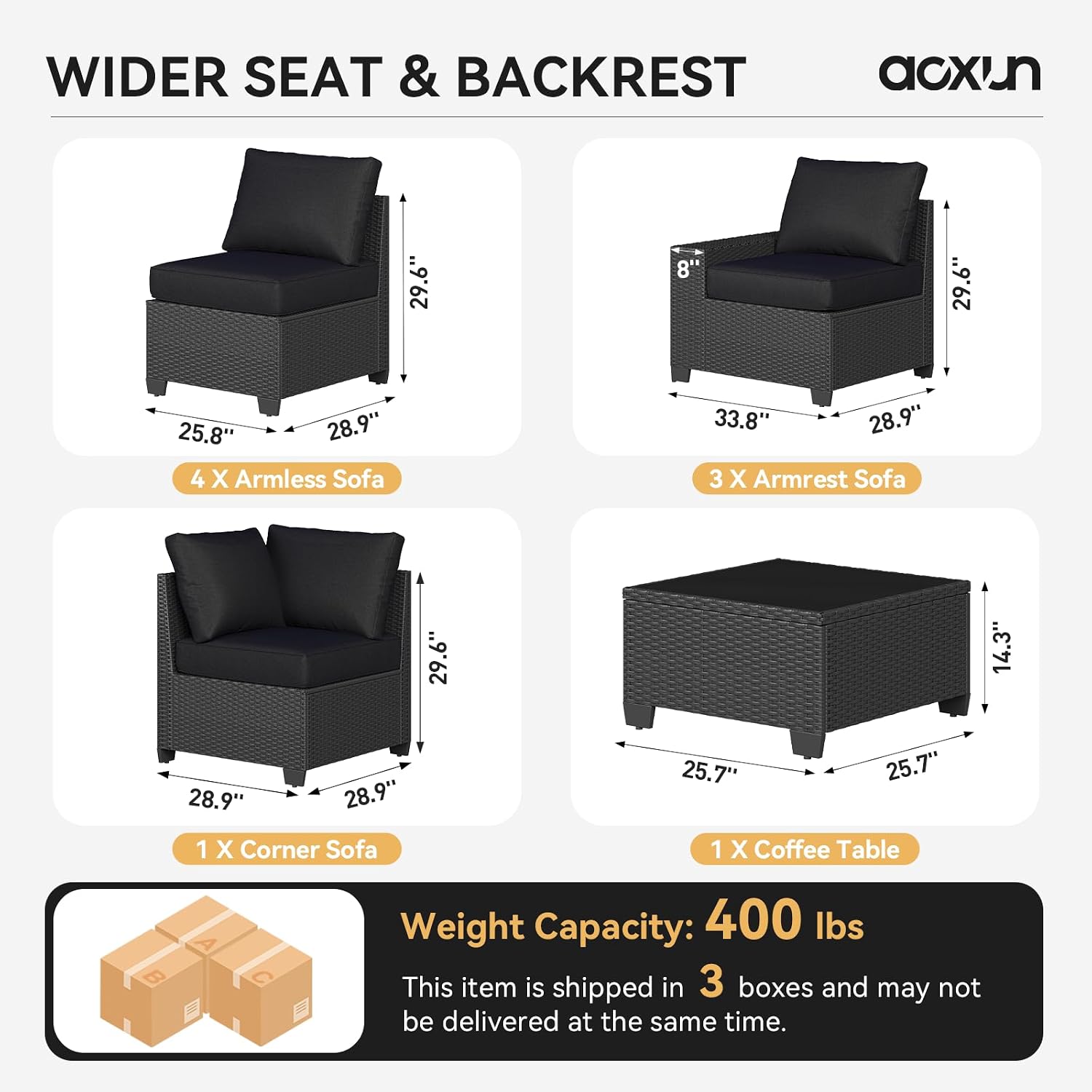 Aoxun Patio Furniture Set, 9 Pcs Outdoor Patio Furniture Sets with 4 in Thicken Cushion, Widen Armrests Wicker Outdoor Sectional for Backyard & Garden, Black