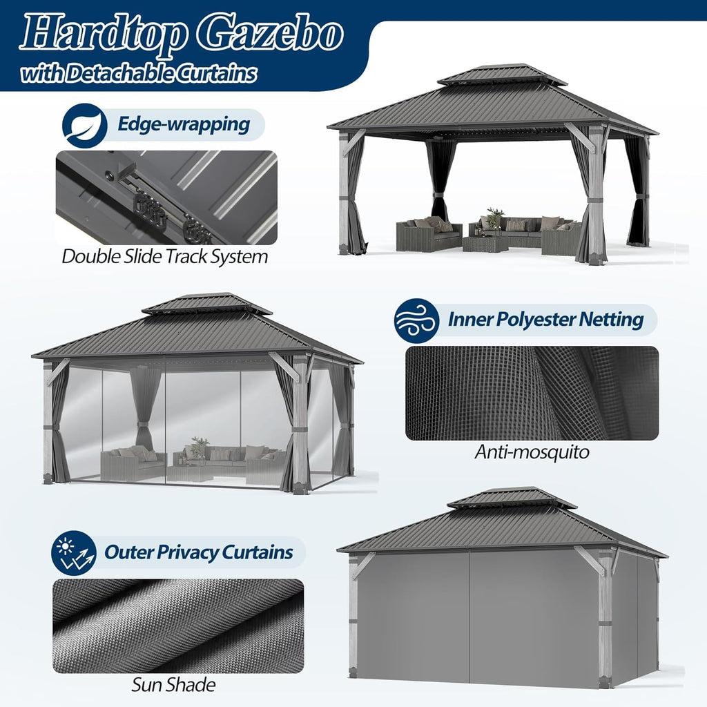 COVERONICS 12'x14' Outdoor Wood Gazebo - Hardtop Wooden Gazebo with Galvanized Steel Roof, Heavy-Duty Pavilion with Netting & Curtains for Garden, Poolside, Deck, Backyard
