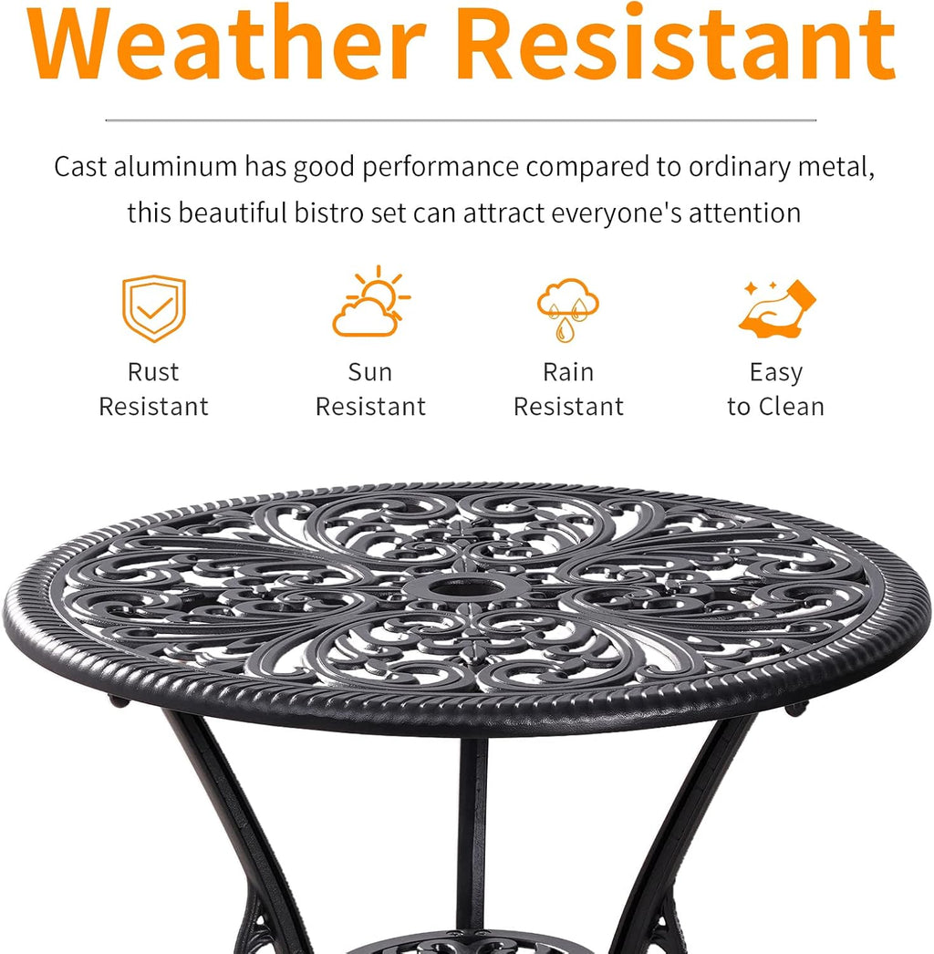 Outdoor Bistro Set 3 Piece Patio Bistro Set, Cast Aluminum Bistro Table and Chairs Set of 2, Small Patio Table Set for Porch, Black