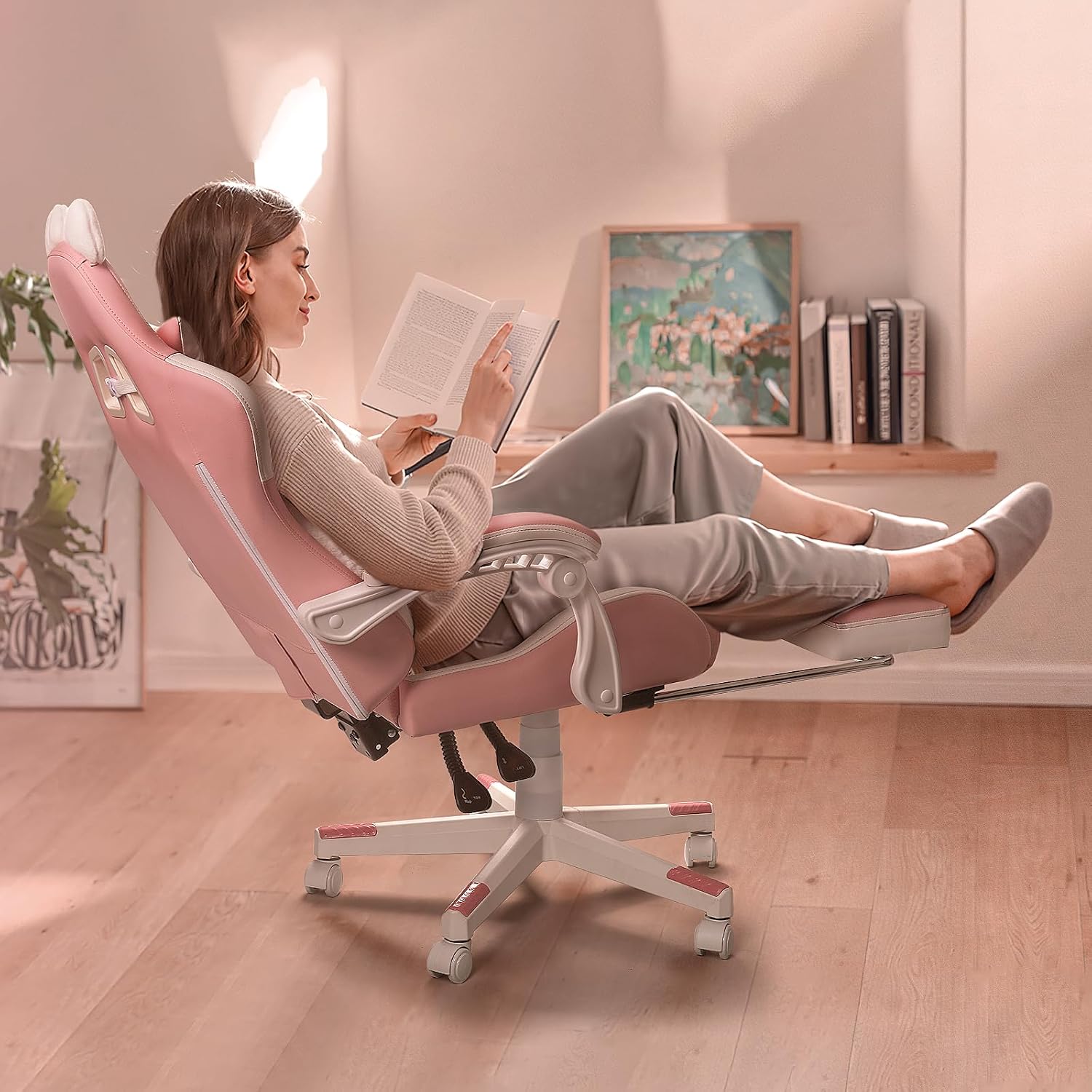 PUKAMI Pink Gaming Chair Cute with Cat Ears and Cat Paw Lumbar Cushion, Ergonomic Computer Chair for Girl with Footrest and Headrest, Comfortable Reclining PC Game Chair for Adult, Teen (Pink)
