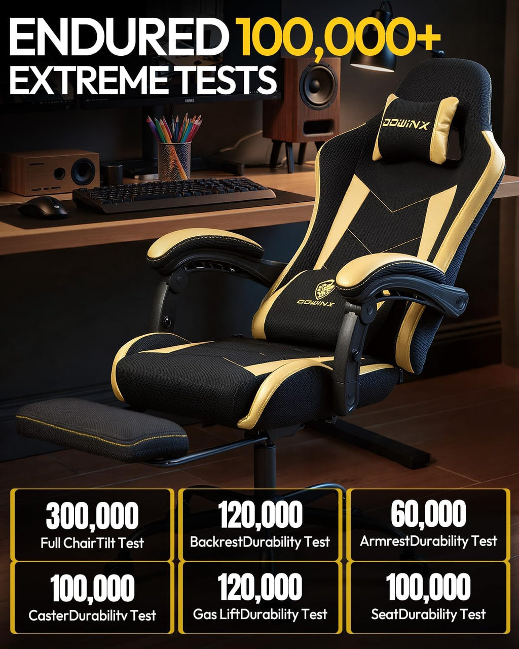 Gaming Chair with Footrest, Ergonomic 330lbs Leather Mesh Chair, Massage Lumbar Support,Adjustable Height & Headrest,Breathable Seat for Office, Home, Streaming, Long Gaming Sessions, Black and Golden