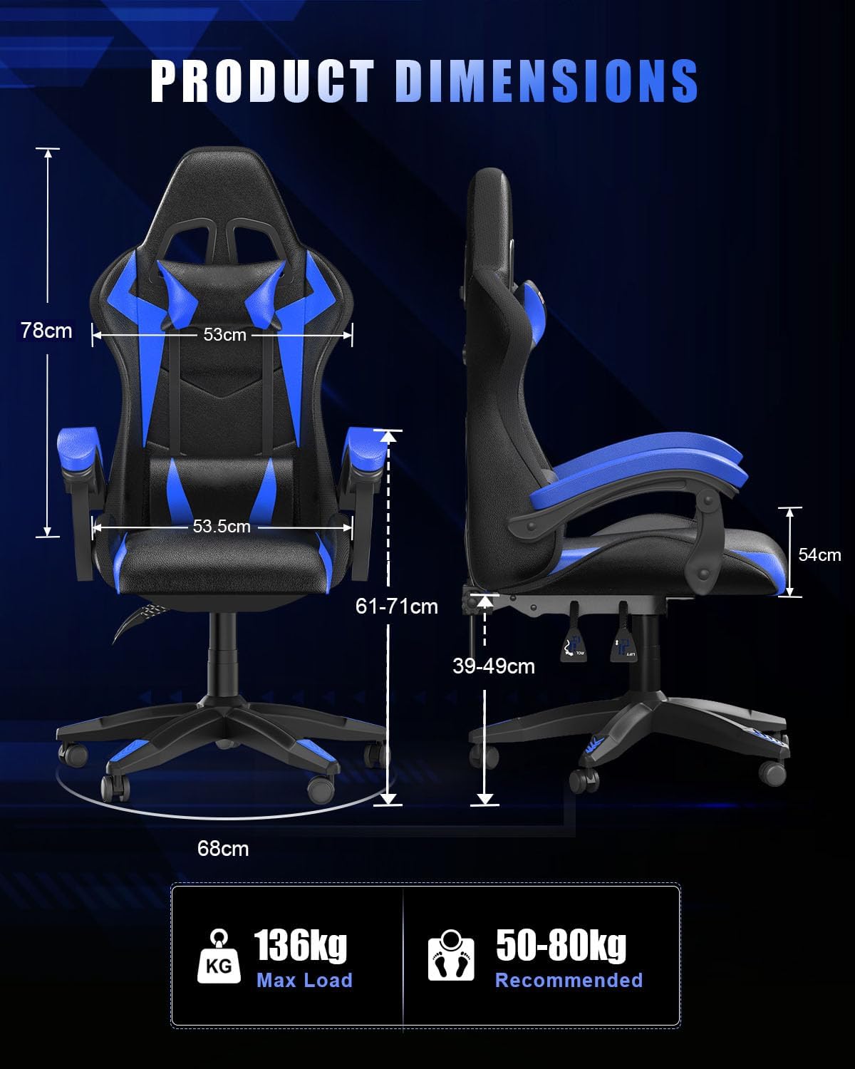 Racingreat Gaming Chair with RGB LED Lights, Ergonomic Computer Chair with Headrest and Lumbar Support, PU Leather High Back Height Adjustable Swivel Video Game Chairs for Adults(Blue)