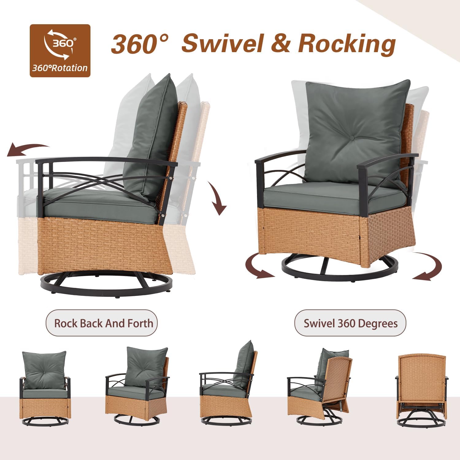 MELLCOM 3 Pieces Patio Furniture Set, Outdoor Swivel Patio Rocker Chairs with Thick Cushions and 2-Tier Coffee Table, Oversize Wicker Bistro Conversation Sets for Garden, Balcony, Backyard, Grey