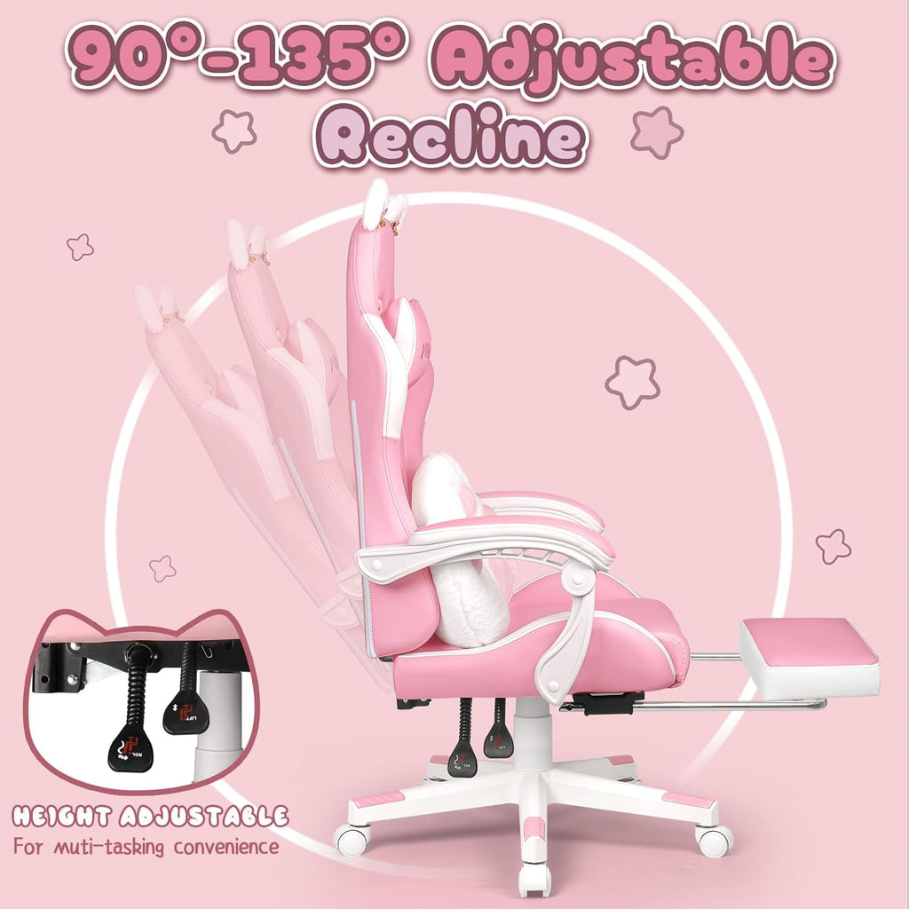 PUKAMI Pink Gaming Chair Cute with Cat Ears and Cat Paw Lumbar Cushion, Ergonomic Computer Chair for Girl with Footrest and Headrest, Comfortable Reclining PC Game Chair for Adult, Teen (Pink)