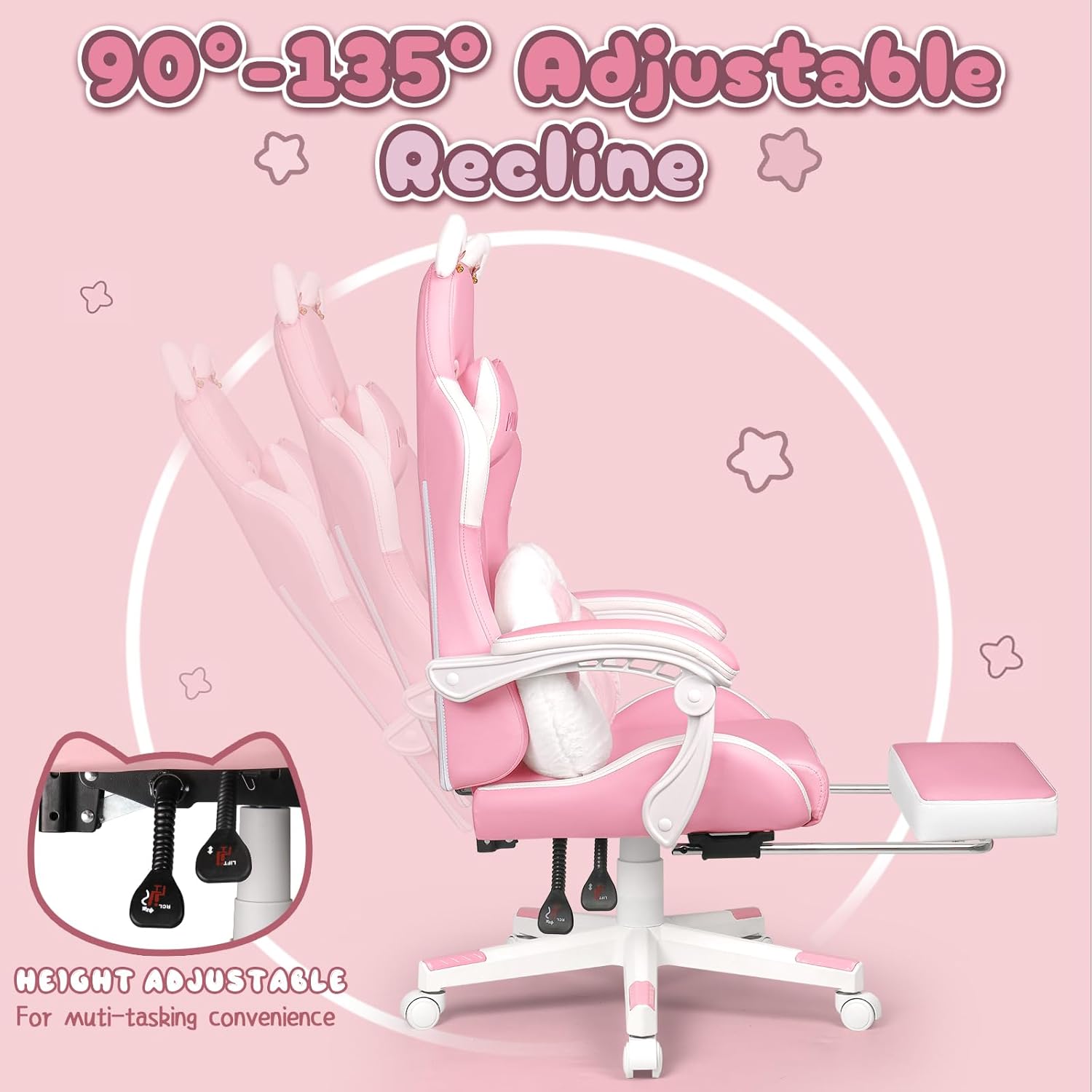 PUKAMI Pink Gaming Chair Cute with Cat Ears and Cat Paw Lumbar Cushion, Ergonomic Computer Chair for Girl with Footrest and Headrest, Comfortable Reclining PC Game Chair for Adult, Teen (Pink)