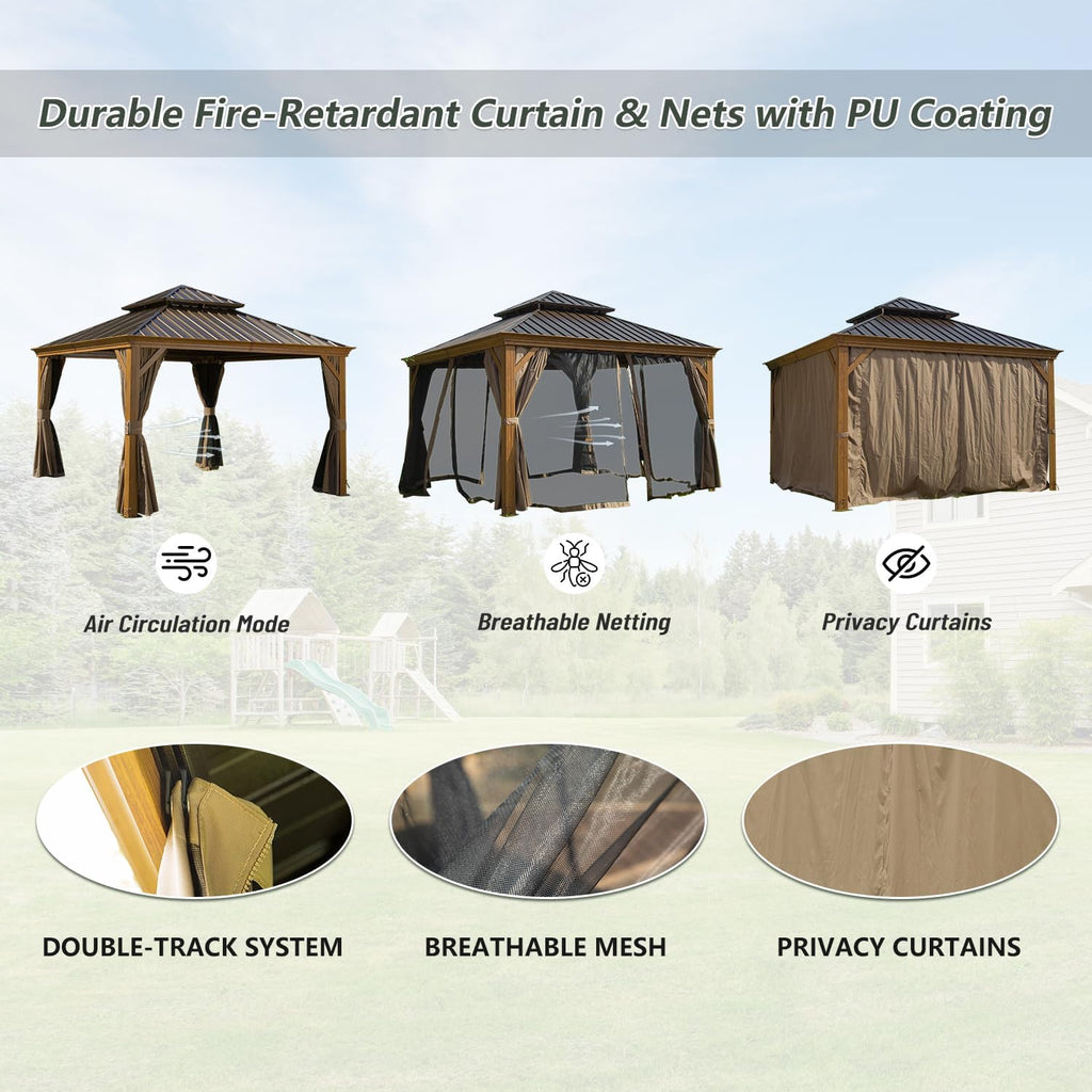 12' x 12' Hardtop Gazebo Outdoor Aluminum Gazebos Wood Grain with Galvanized Steel Double Canopy for Patios Deck Backyard,Curtains&Netting by domi outdoor living