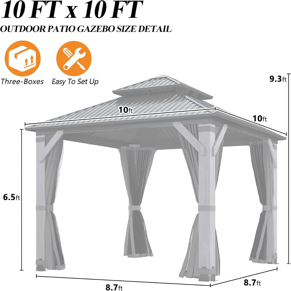 GARTOO 10' x 10' Outdoor Wood Gazebo - Permanent Wooden Hardtop Gazebo Pavilion with Double Curtains, Galvanized Steel Roof Cedar Wood Gazebos for Garden, Lawn, Poolside, Backyard Deck